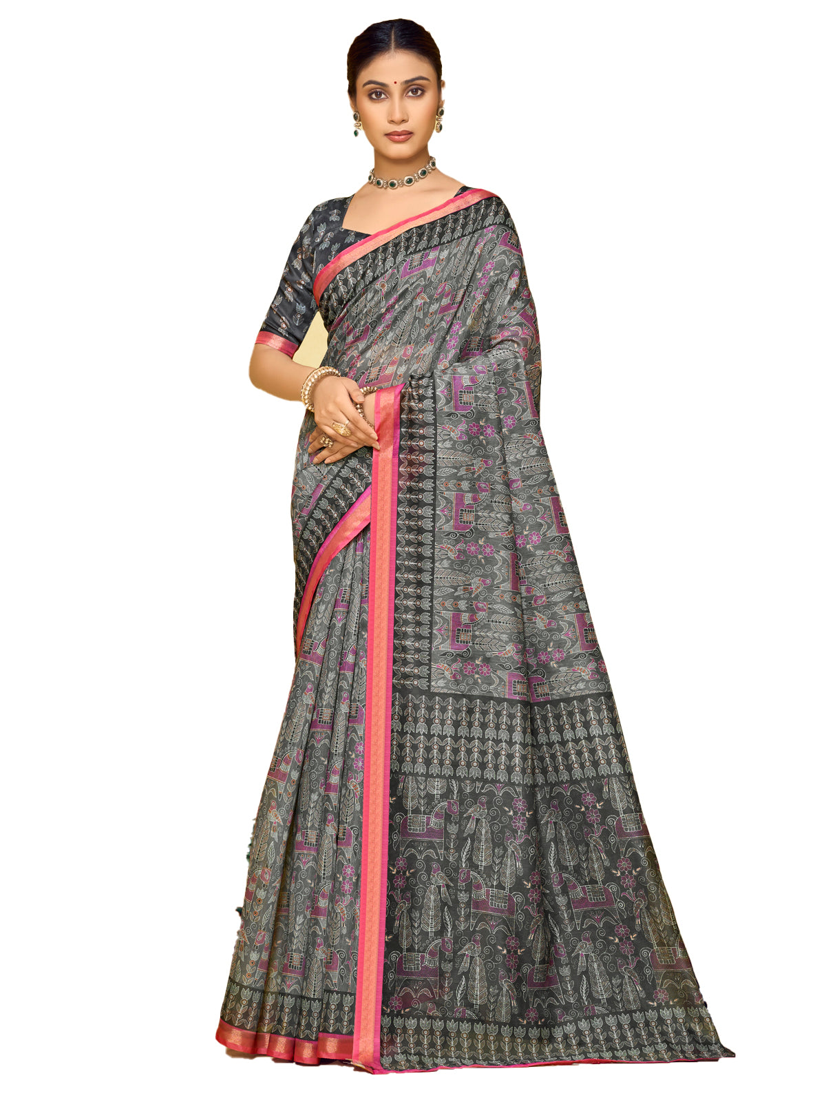 Amrapali - Grey Chanderi Cotton Digital Printed Saree with Zari Border