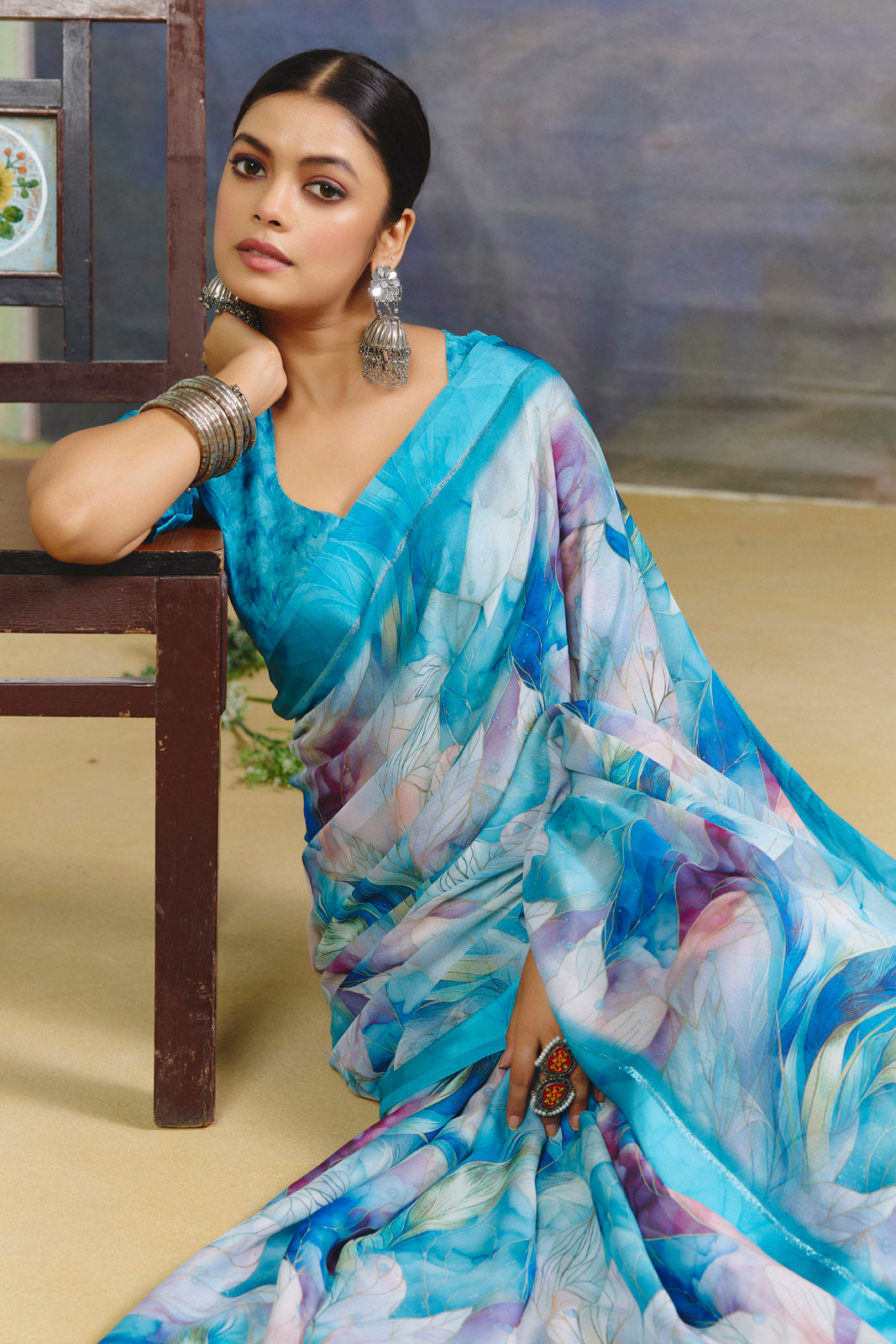 Samriddhi - Sky Blue Moss Georgette Digital Print Saree with Satin Patta Border