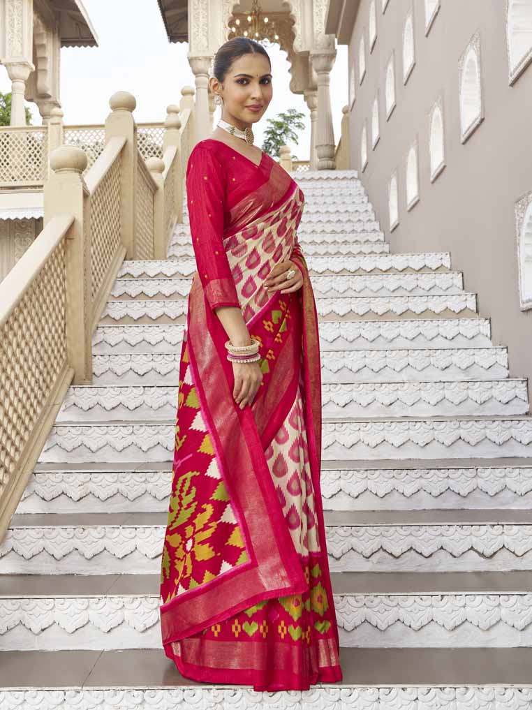 Gulmarg - Cream Silk Digital Printed Saree with Zari Border