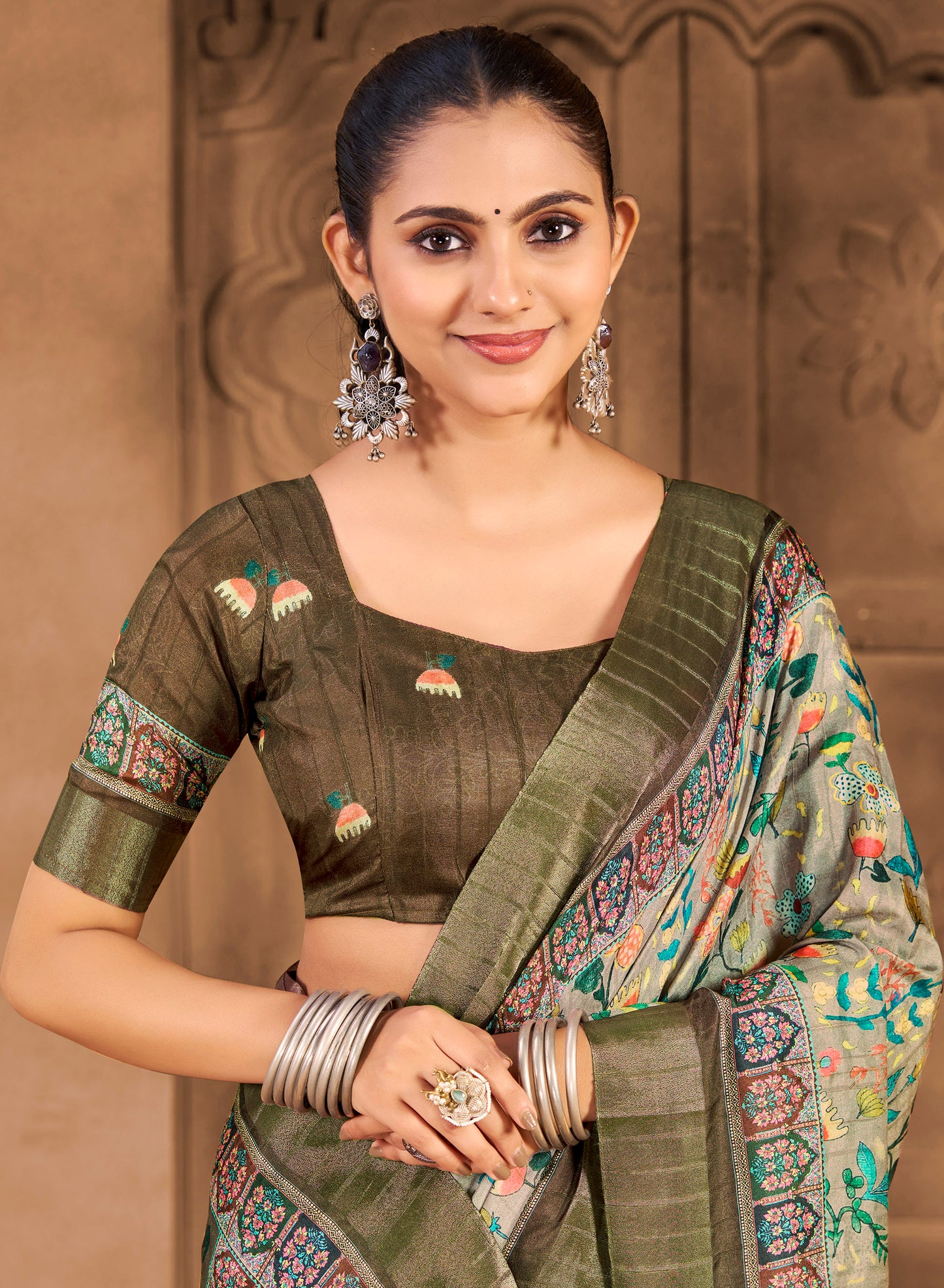 Devsena – Peach Silk Digital Print Saree