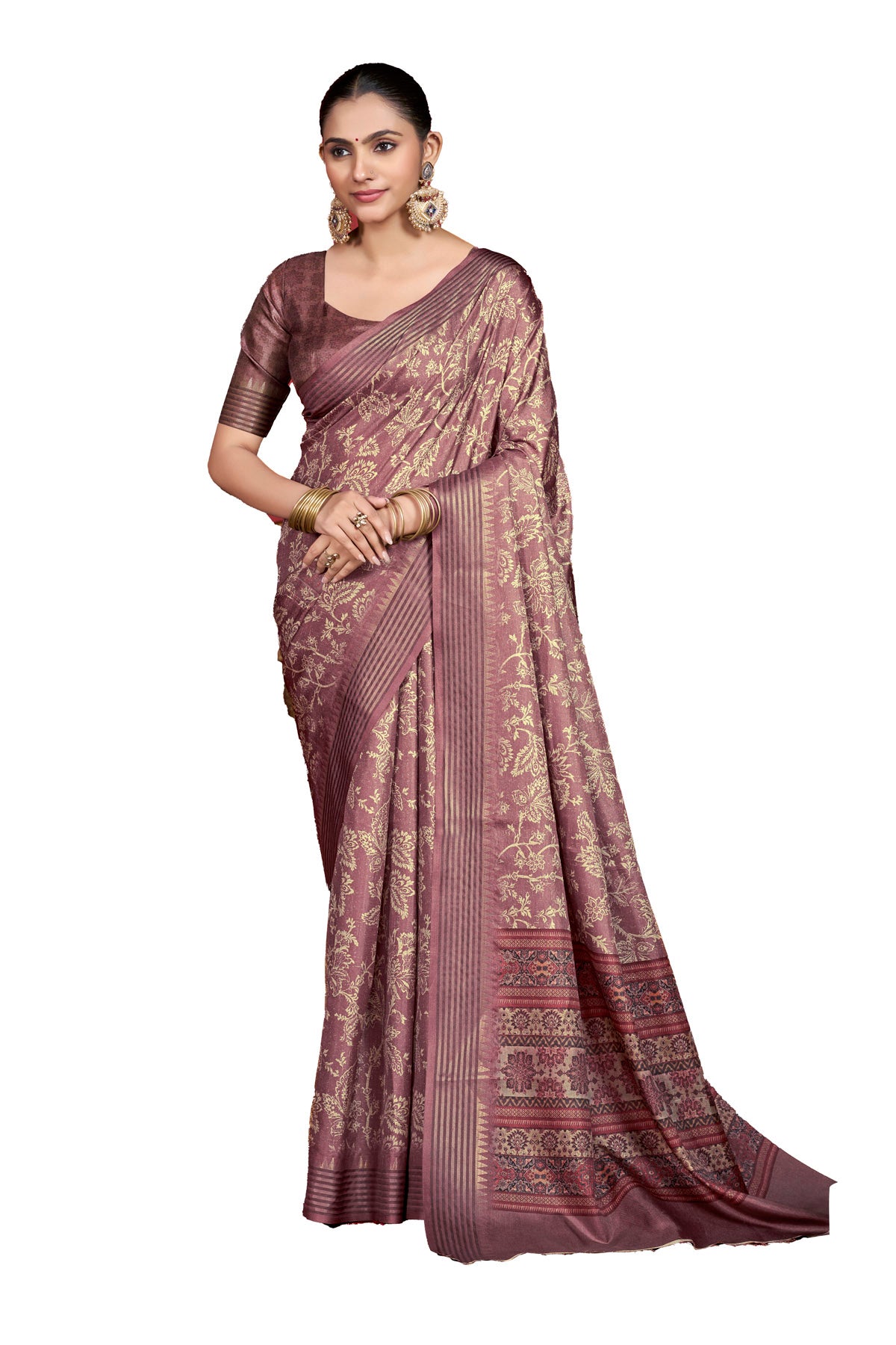 Veera - Purple Soft Silk Digital Printed Saree with Woven Border