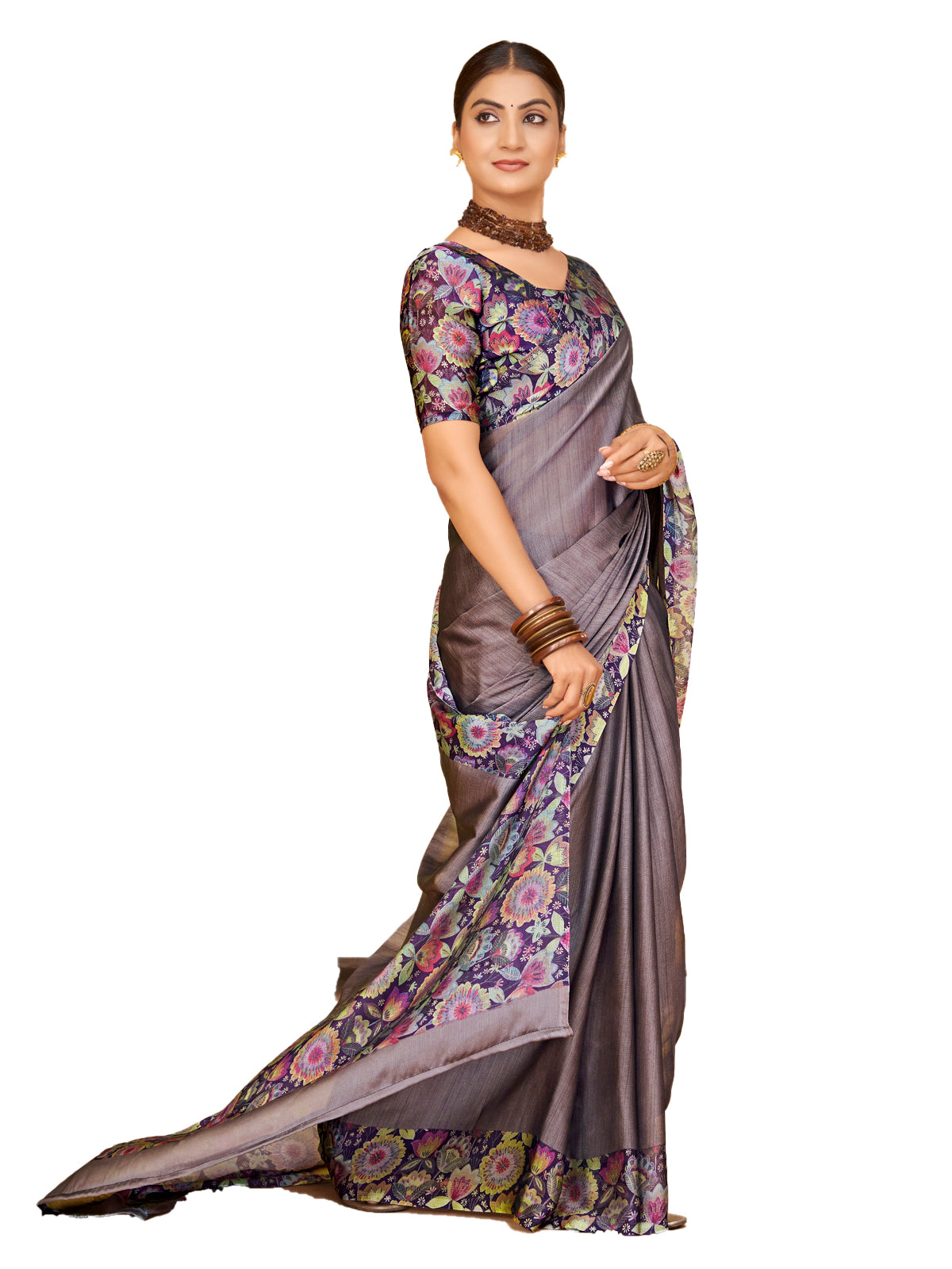 Ekvarna - Grey Printed Chiffon Saree