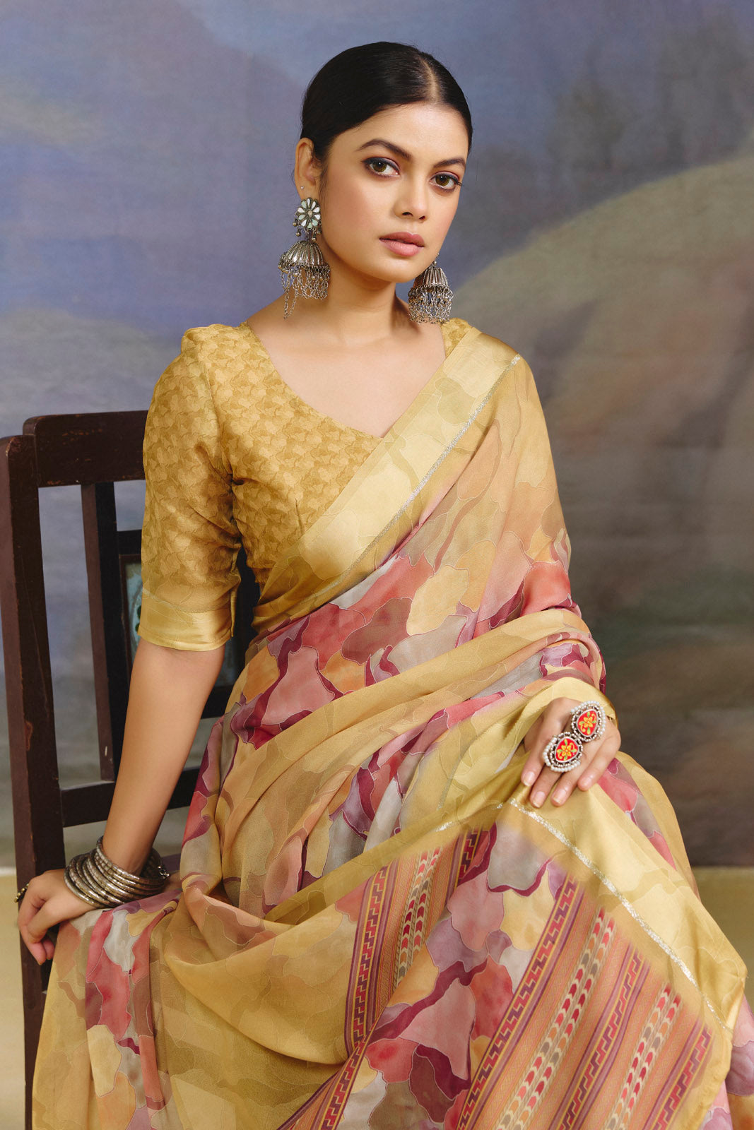 Samriddhi - Yellow Moss Georgette Digital Print Saree with Satin Patta Border