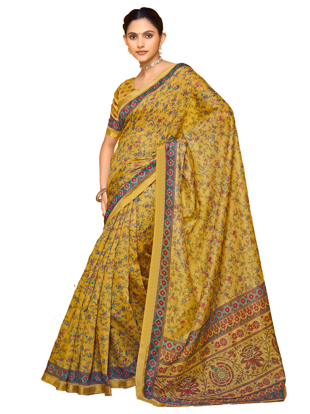 Amrapali - Yellow Chanderi Cotton Digital Printed Saree with Zari Border