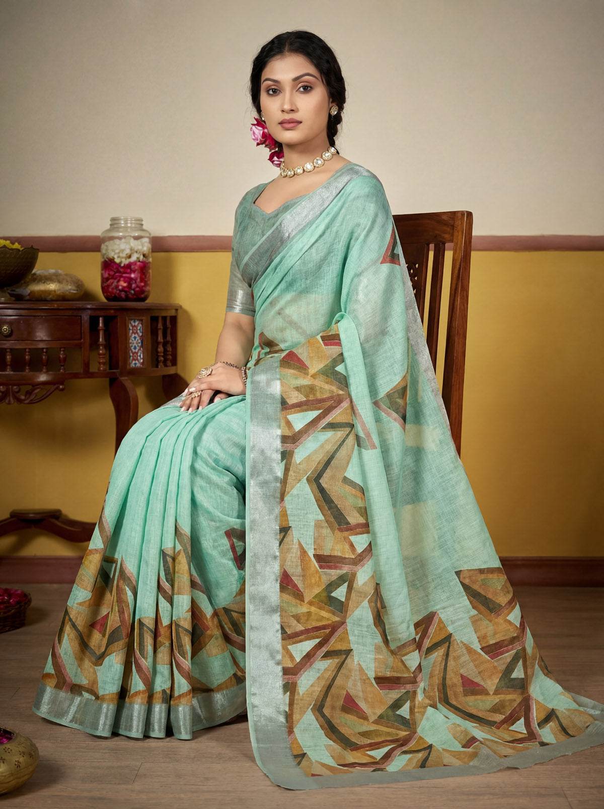Rachna - Teal Linen Digital Print Saree with Woven Border