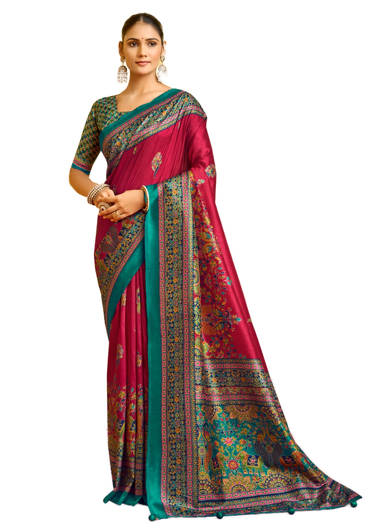 Kumuda - Red Silk Printed Saree with Delicate Foil Work