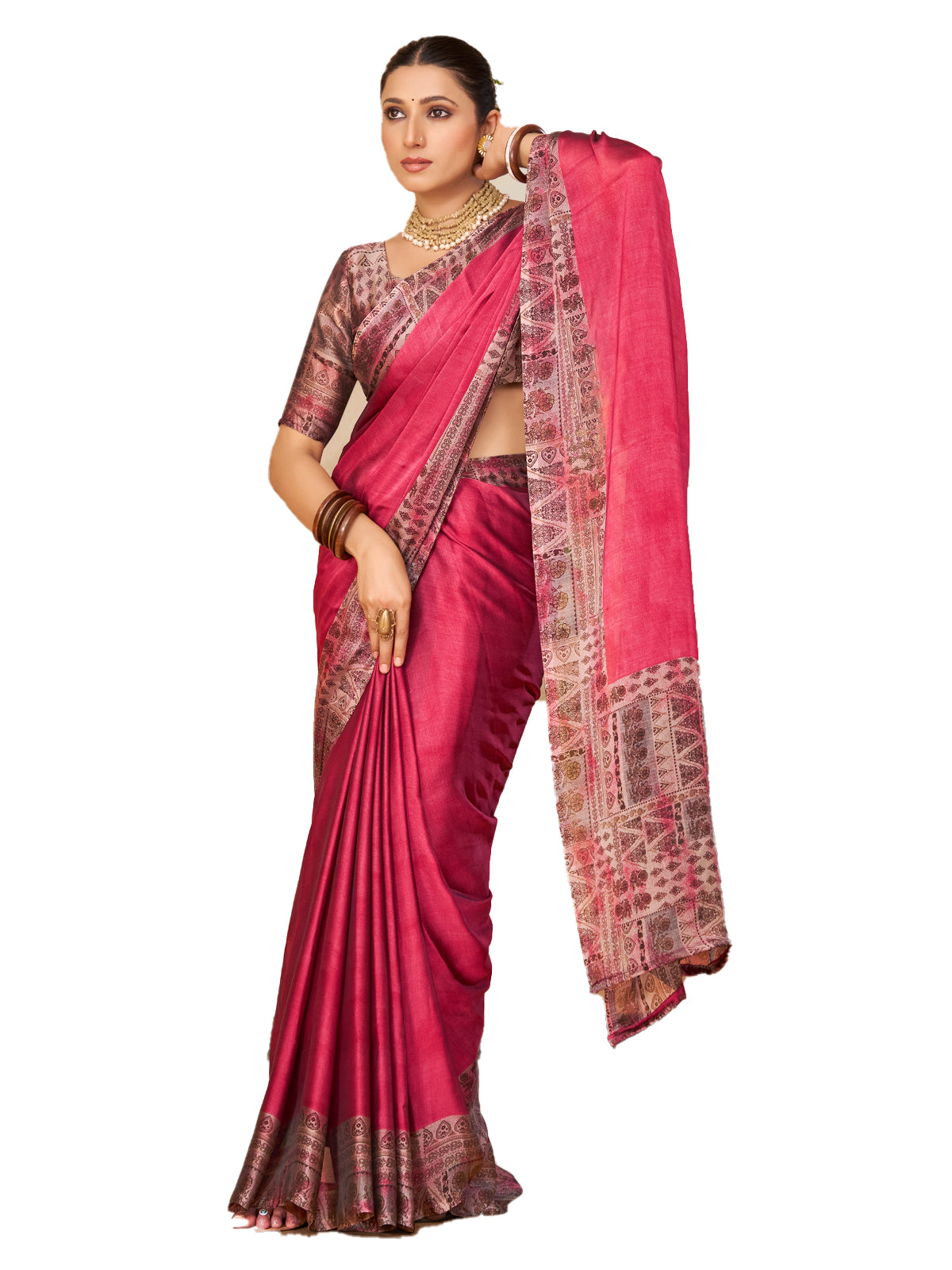 Ekvarna - Pink Printed Chiffon Saree