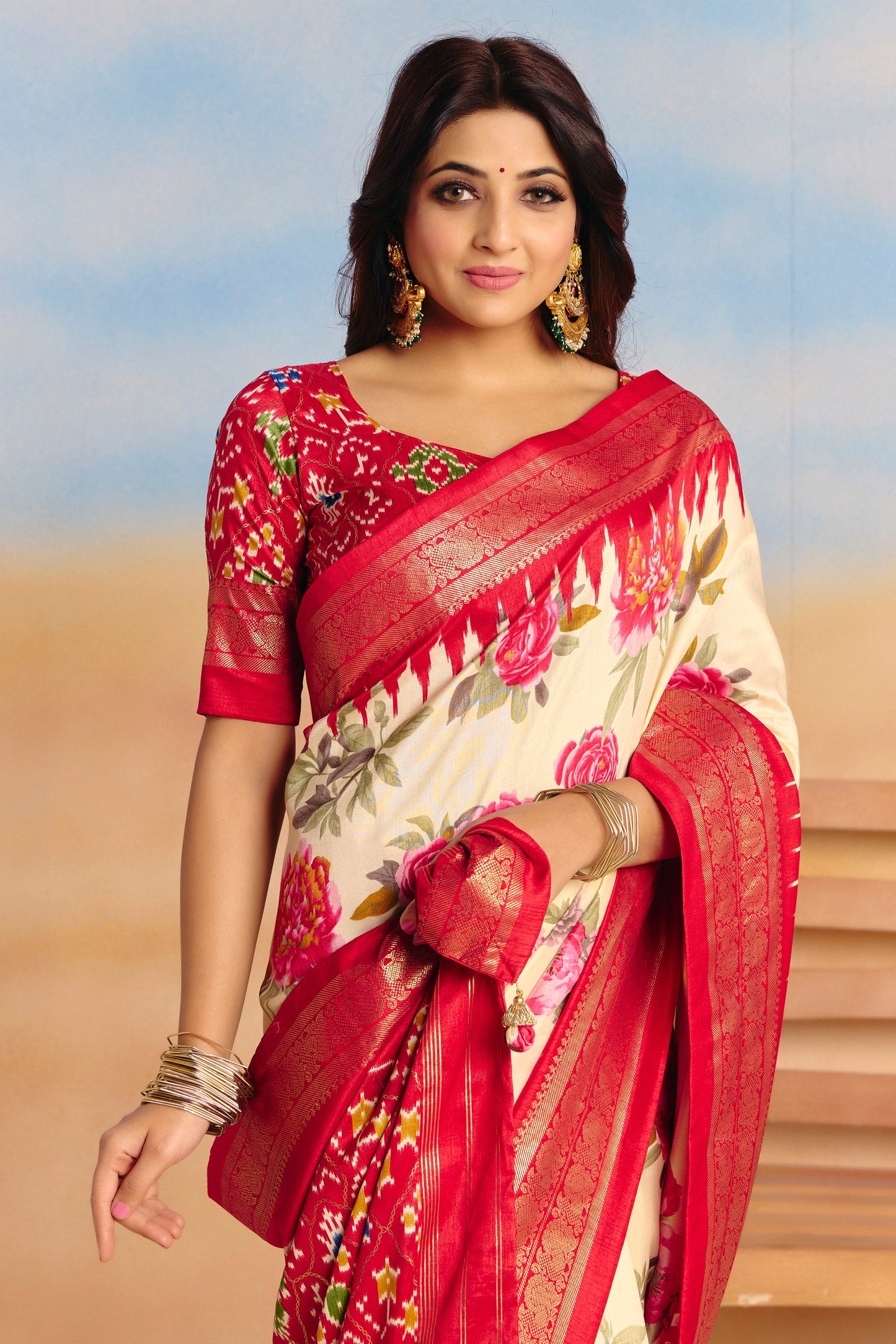Rangrekha - Cream Floral Printed Soft Silk Saree