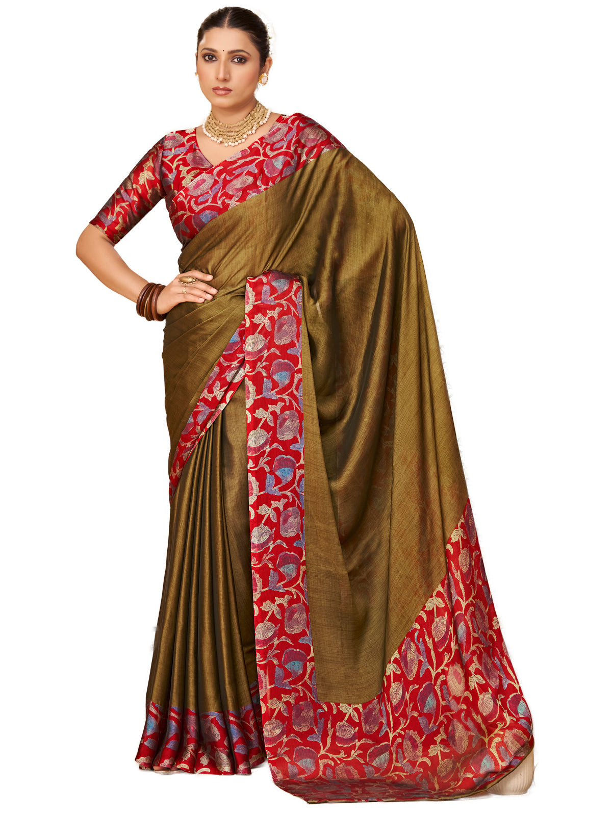 Ekvarna - Olive Green Printed Chiffon Saree