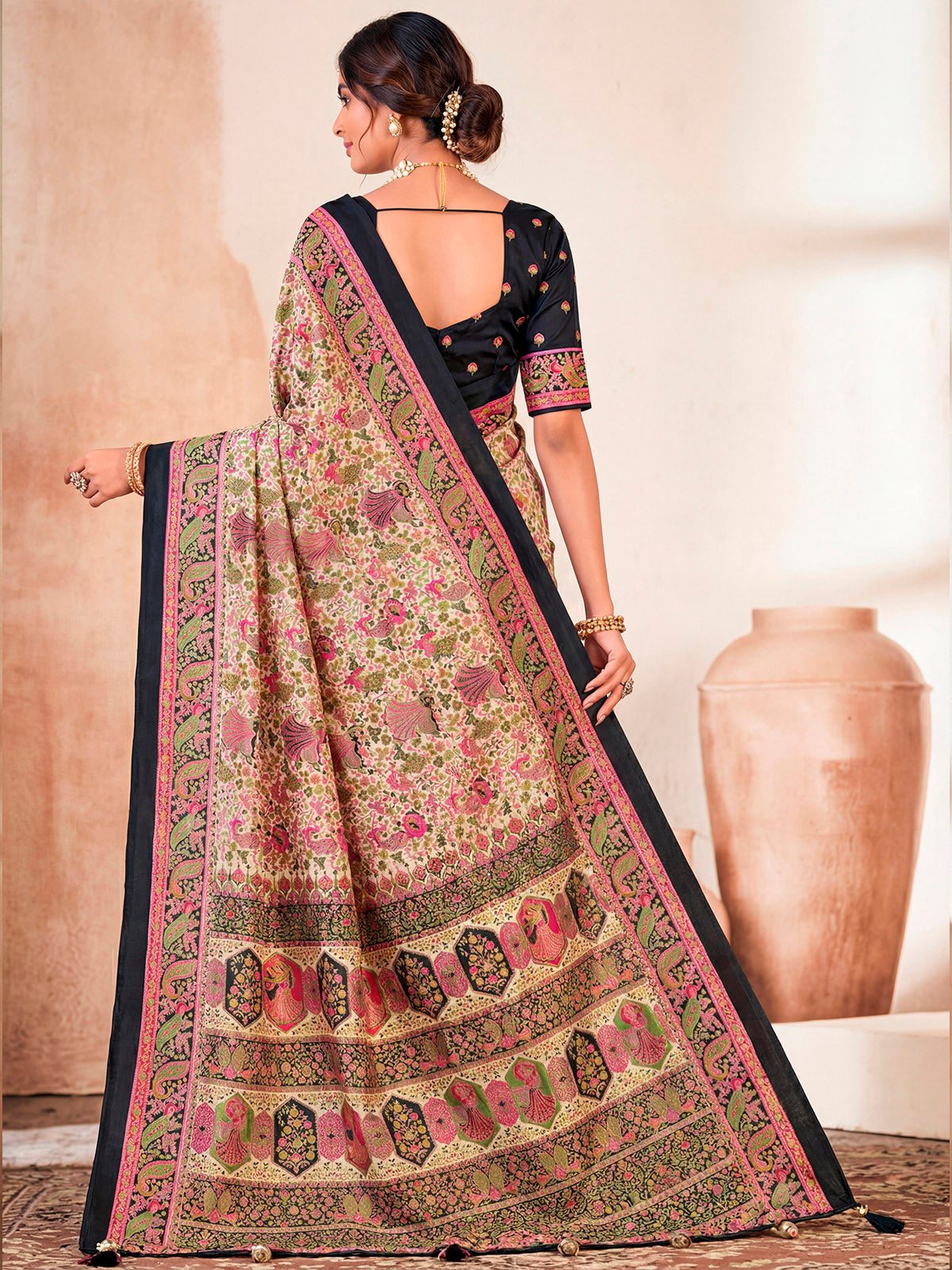 Kumuda - Black Mysore Silk Jari Printed with Tessals