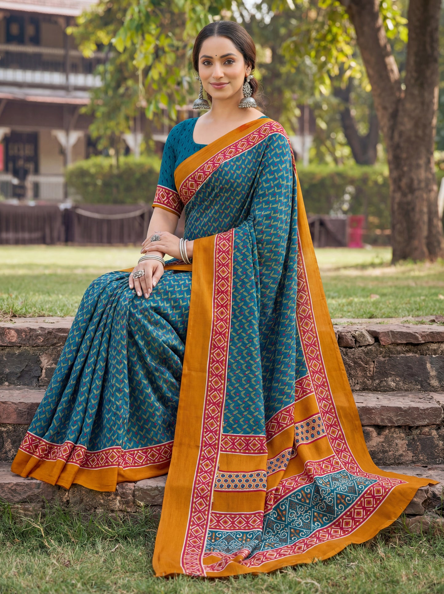 Rajkala - Aqua Blue Printed Crepe Silk Saree