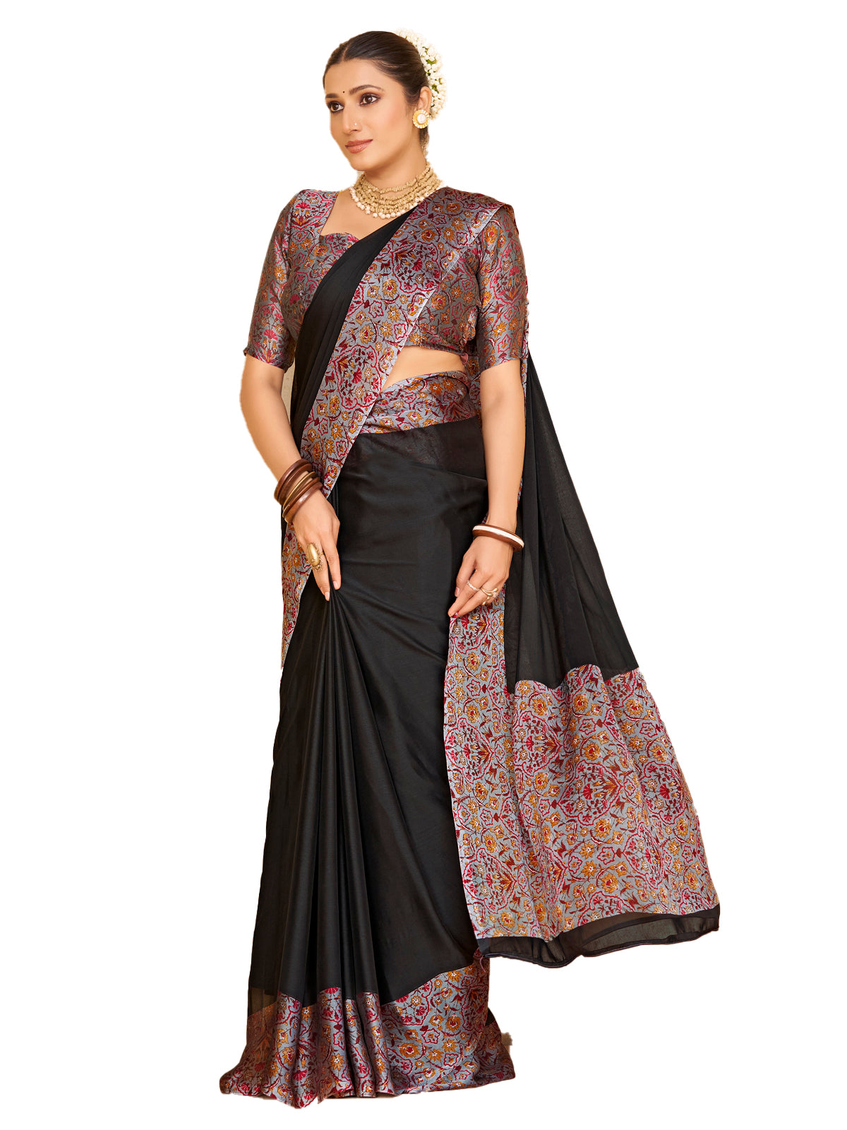 Ekvarna - Black Printed Chiffon Saree
