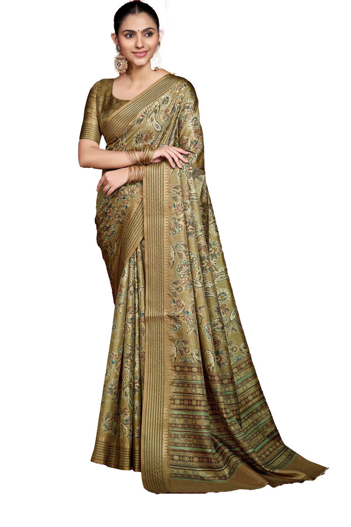 Veera - Olive Green Soft Silk Digital Printed Saree with Woven Border