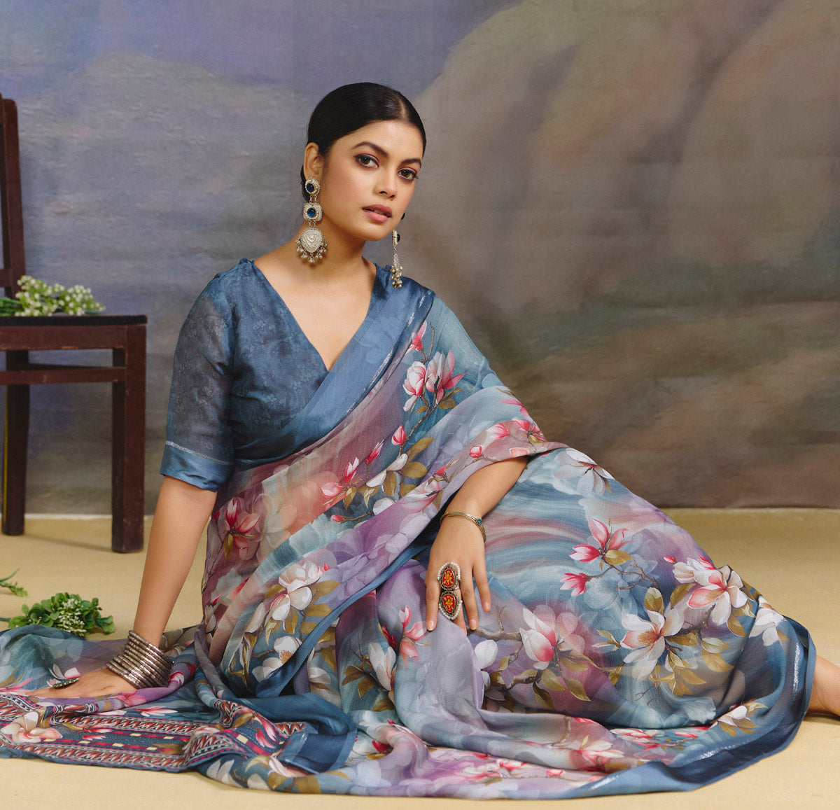 Samriddhi - Steel Blue Moss Georgette Digital Print Saree with Satin Patta Border