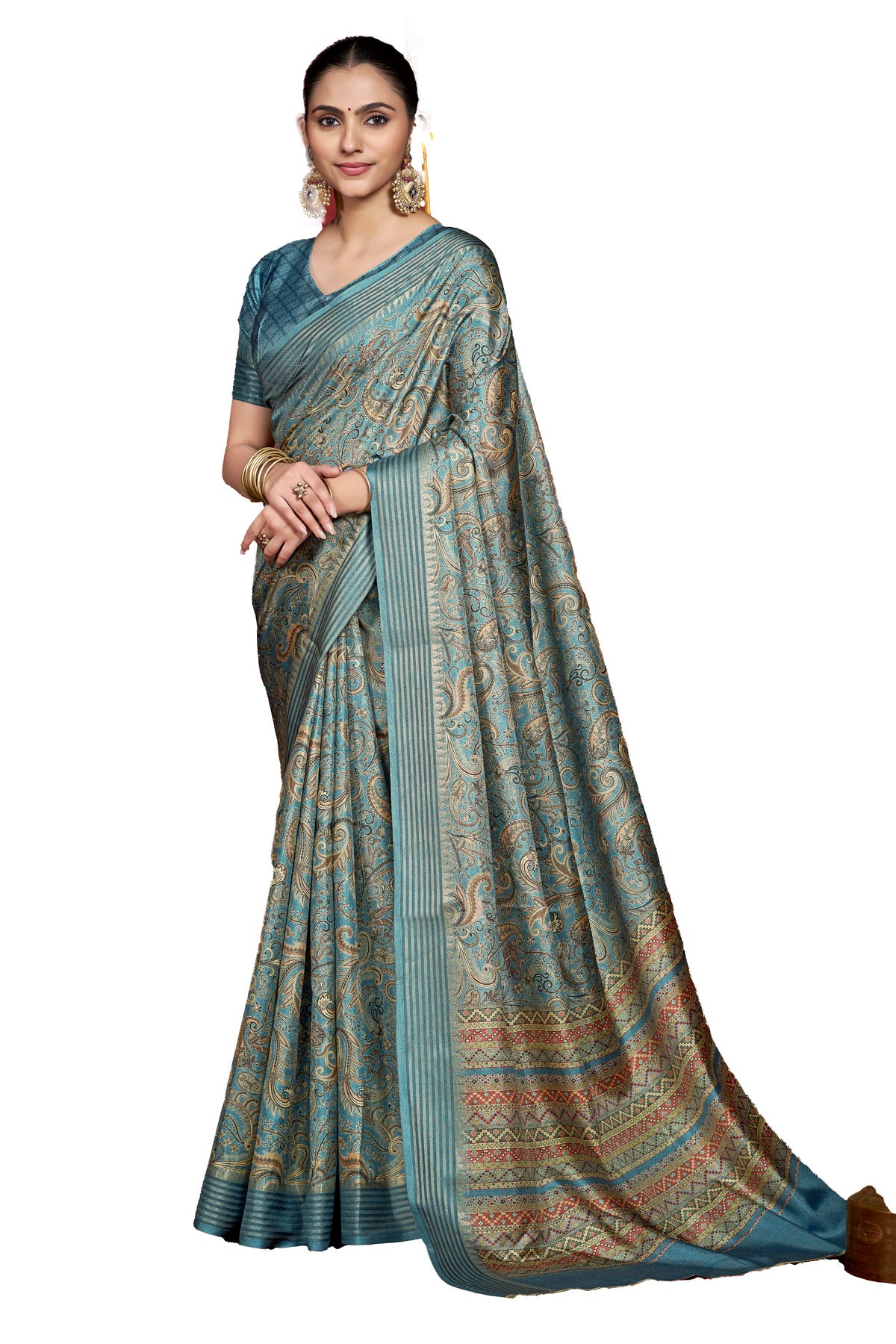 Veera - Blue Soft Silk Digital Printed Saree with Woven Border