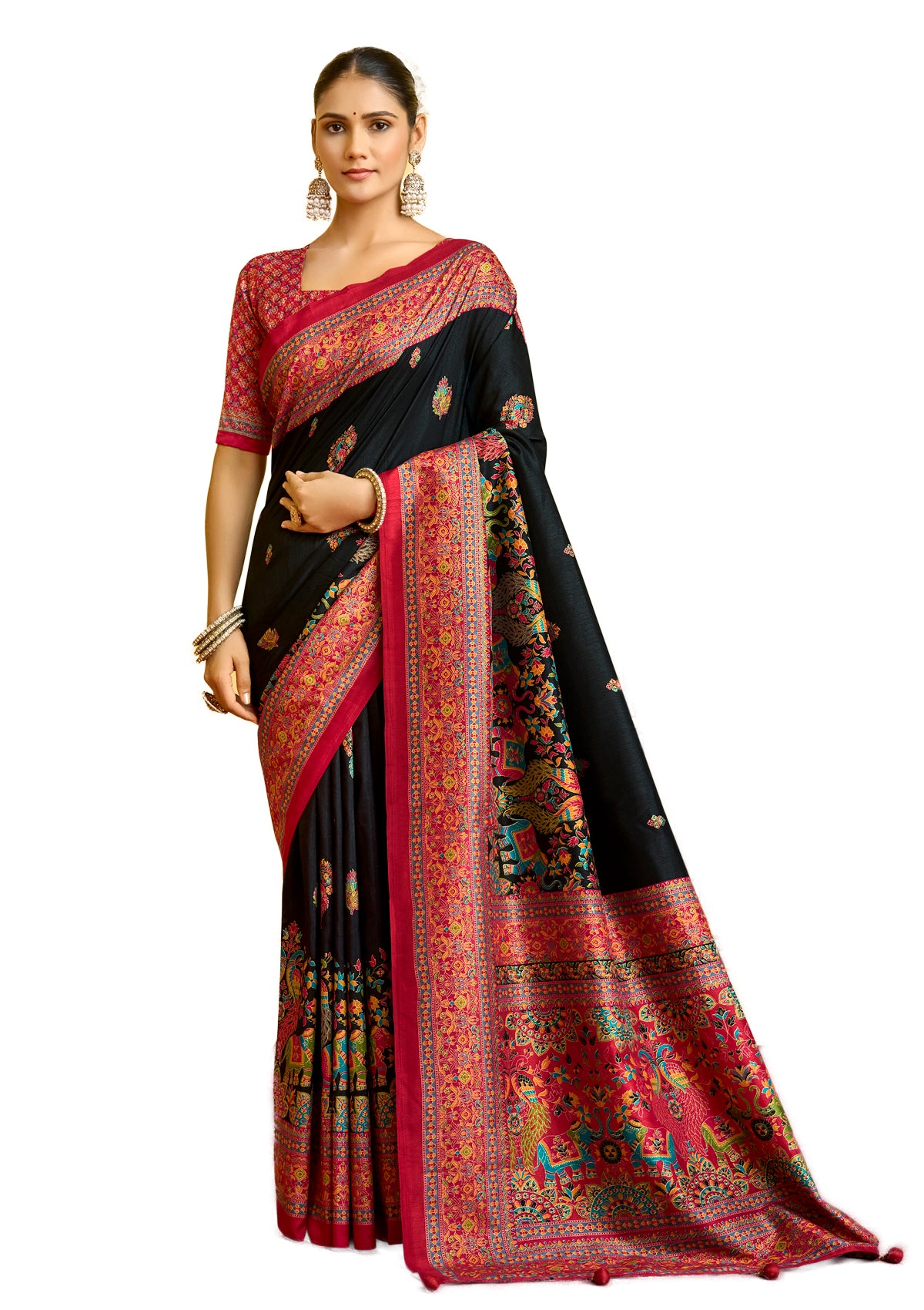 Kumuda - Black Silk Printed Saree with Delicate Foil Work