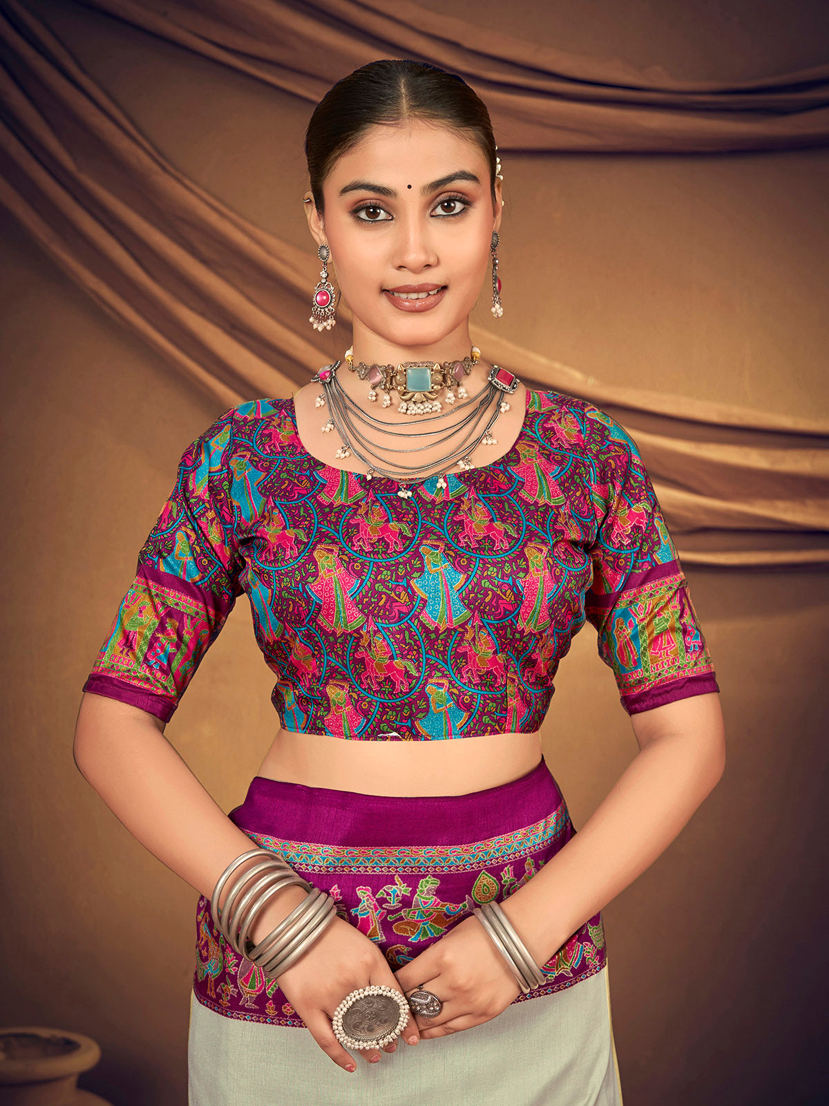 Kumuda - Light Grey Mysore Silk Jari Printed with Tessals