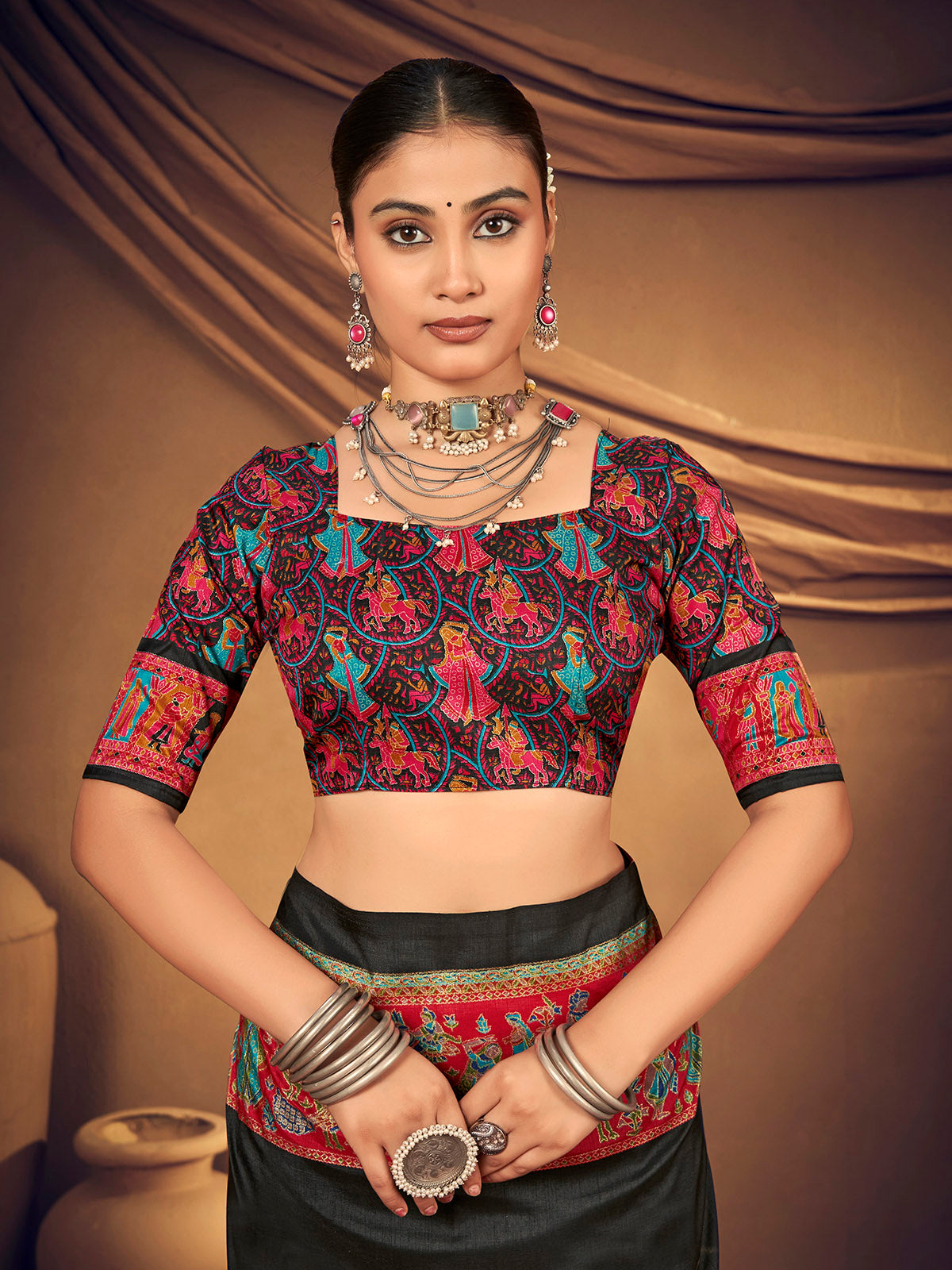 Kumuda - Black Mysore Silk Jari Printed with Tessals