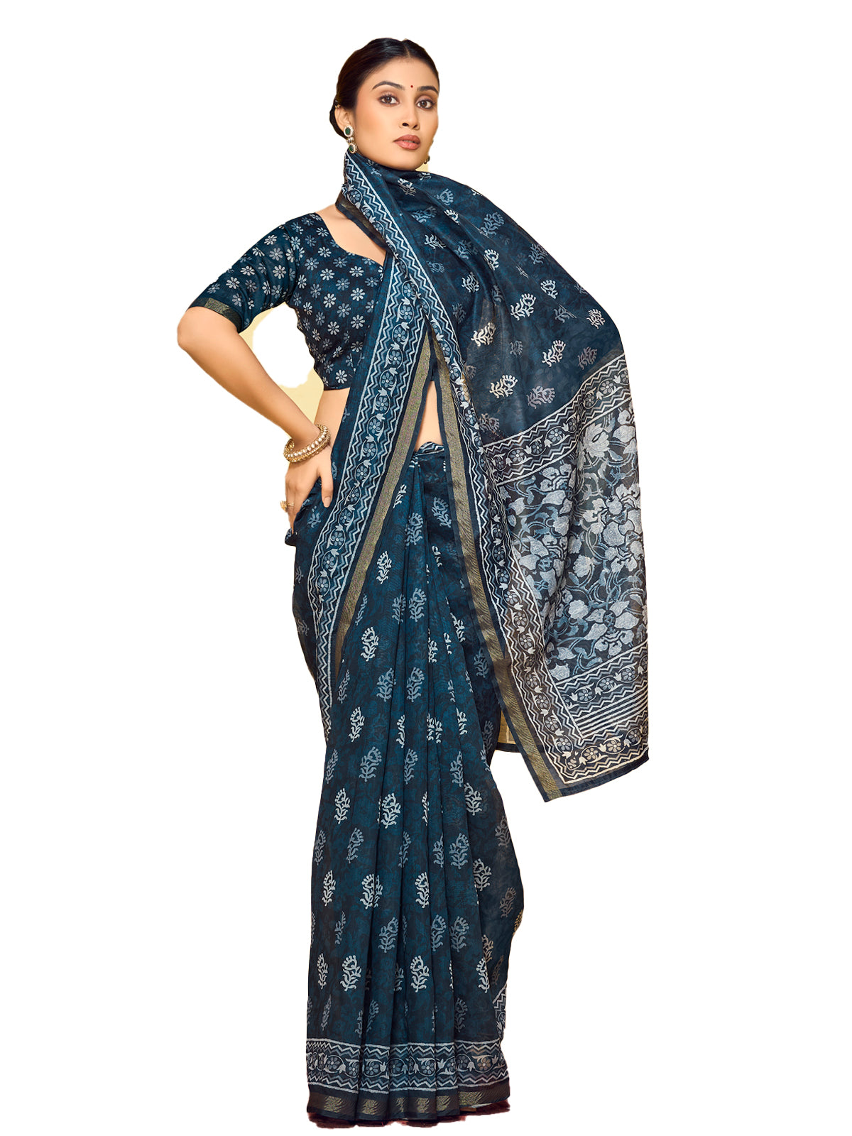 Amrapali - Navy Blue Chanderi Cotton Digital Printed Saree with Zari Border