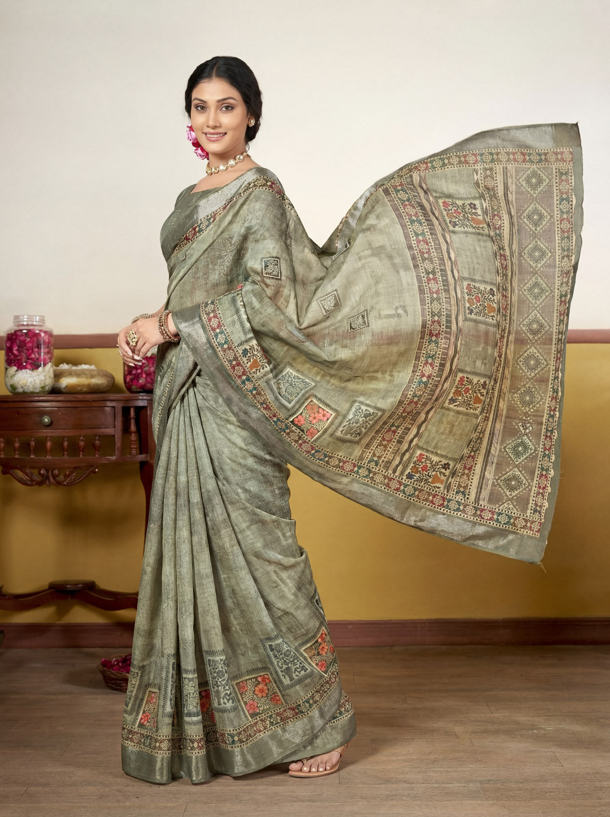 Rachna - Sea Green Linen Digital Print Saree with Woven Border