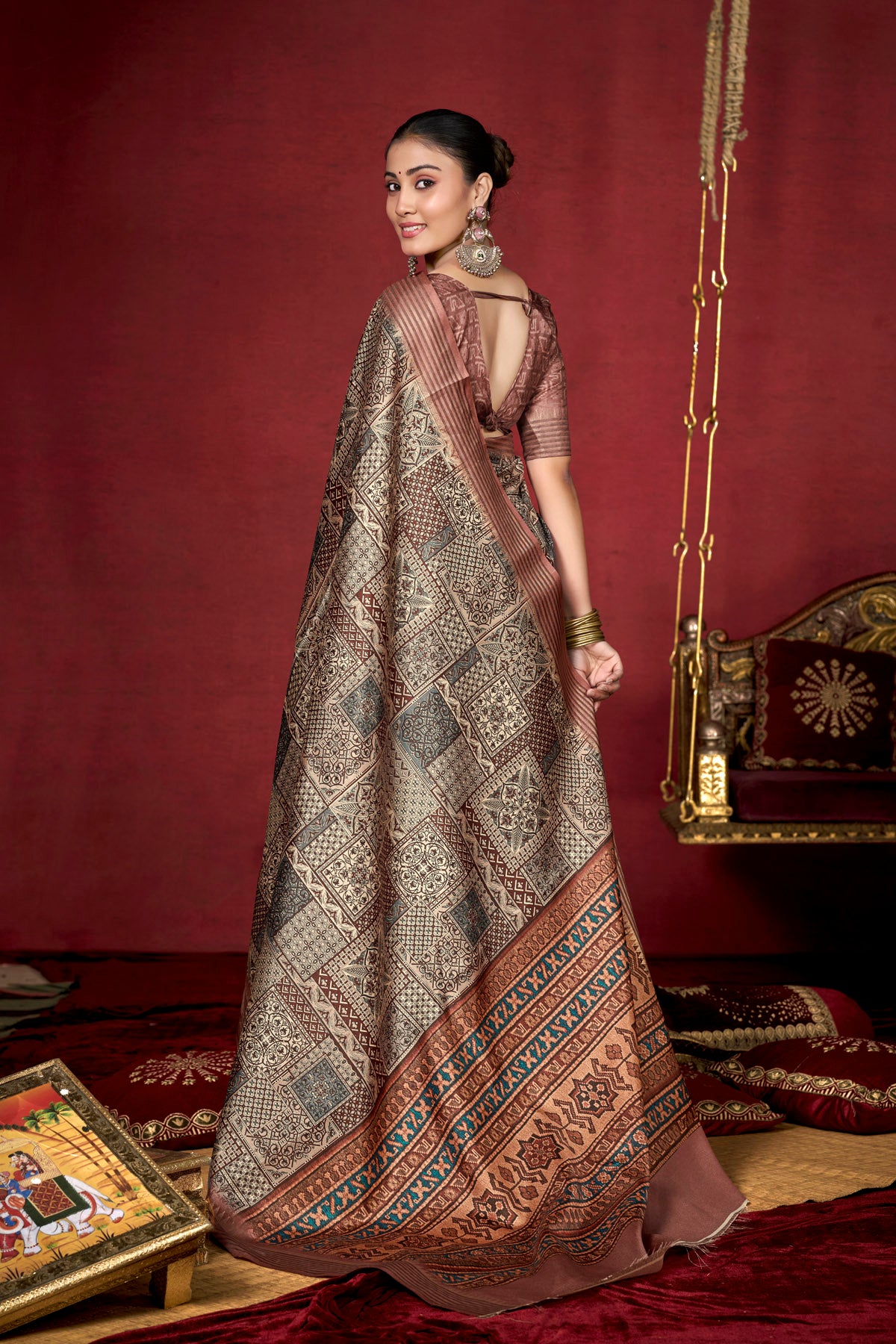Veera - Bronze Soft Silk Digital Printed Saree with Woven Border
