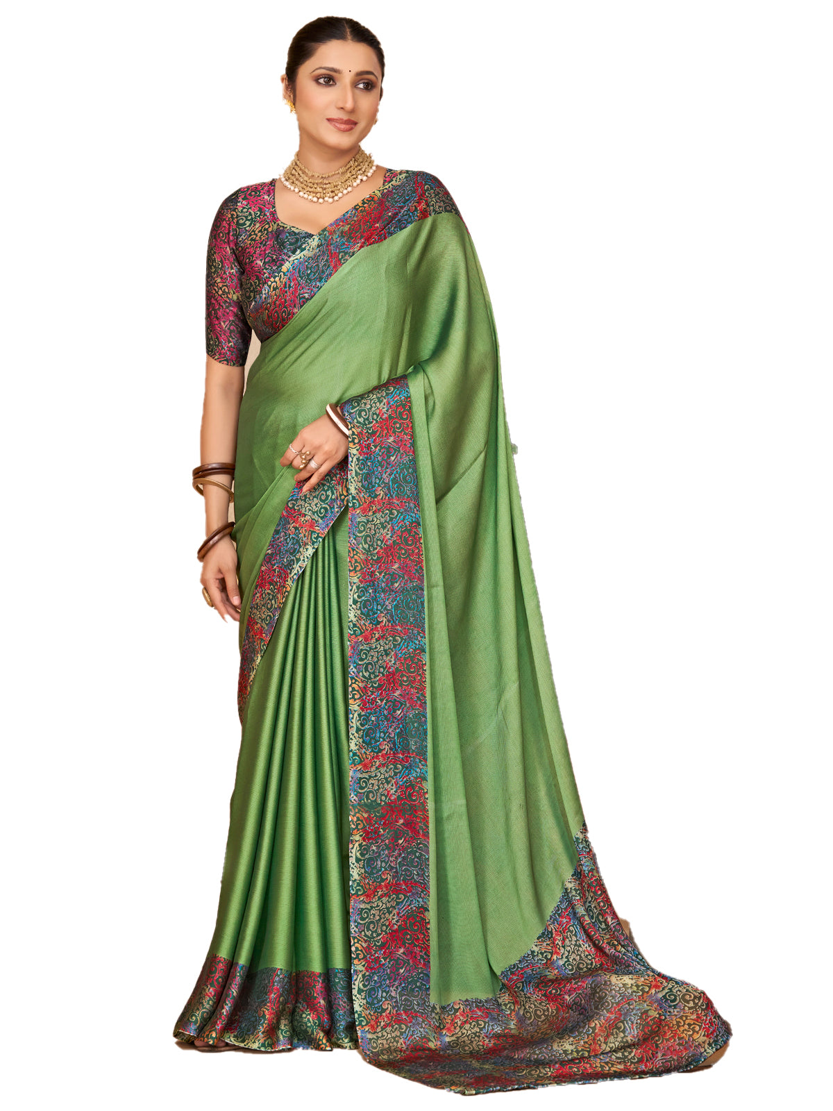 Ekvarna - Green Printed Chiffon Saree