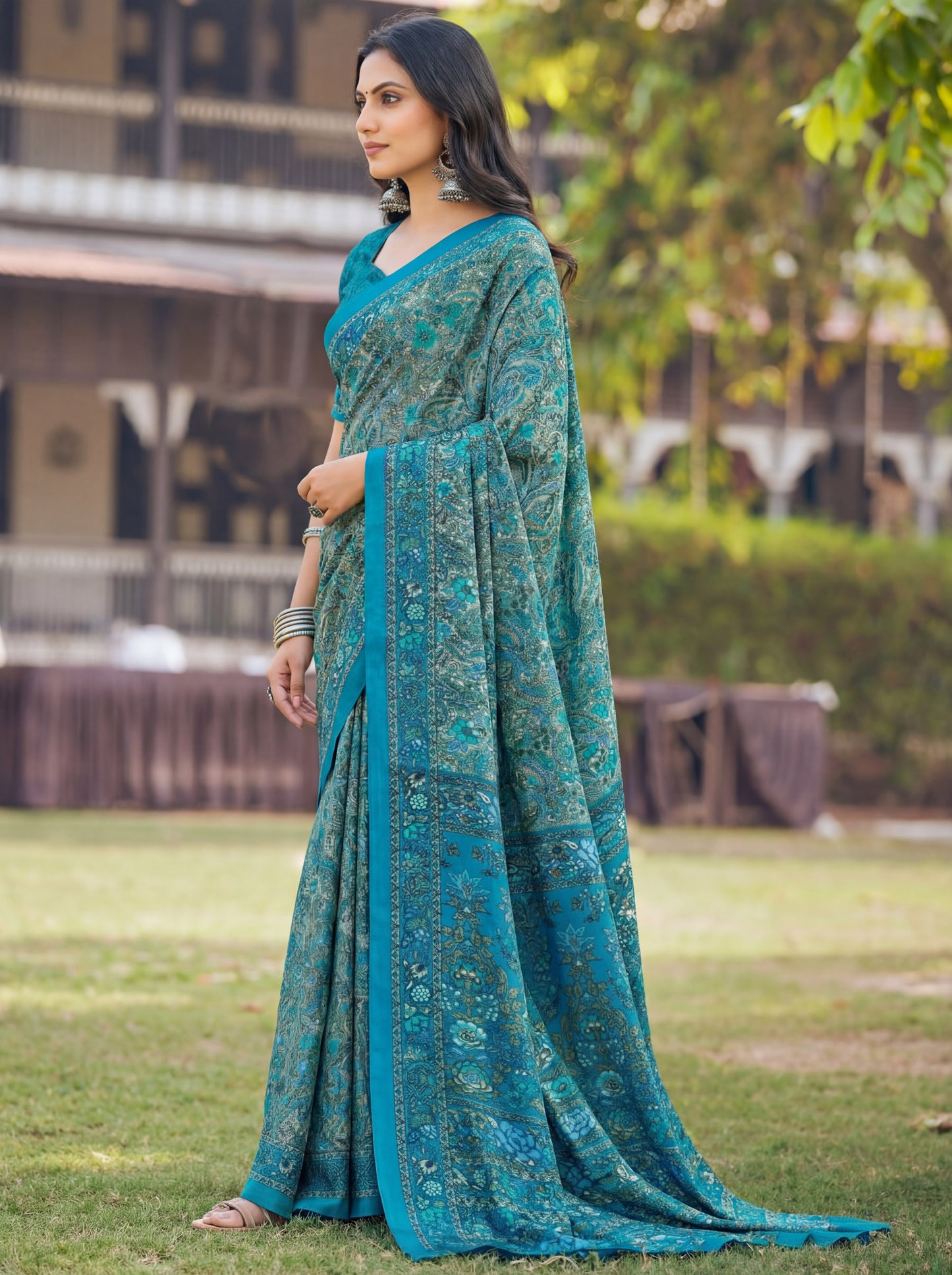 Rajkala - Sea Blue Printed Crepe Silk Saree