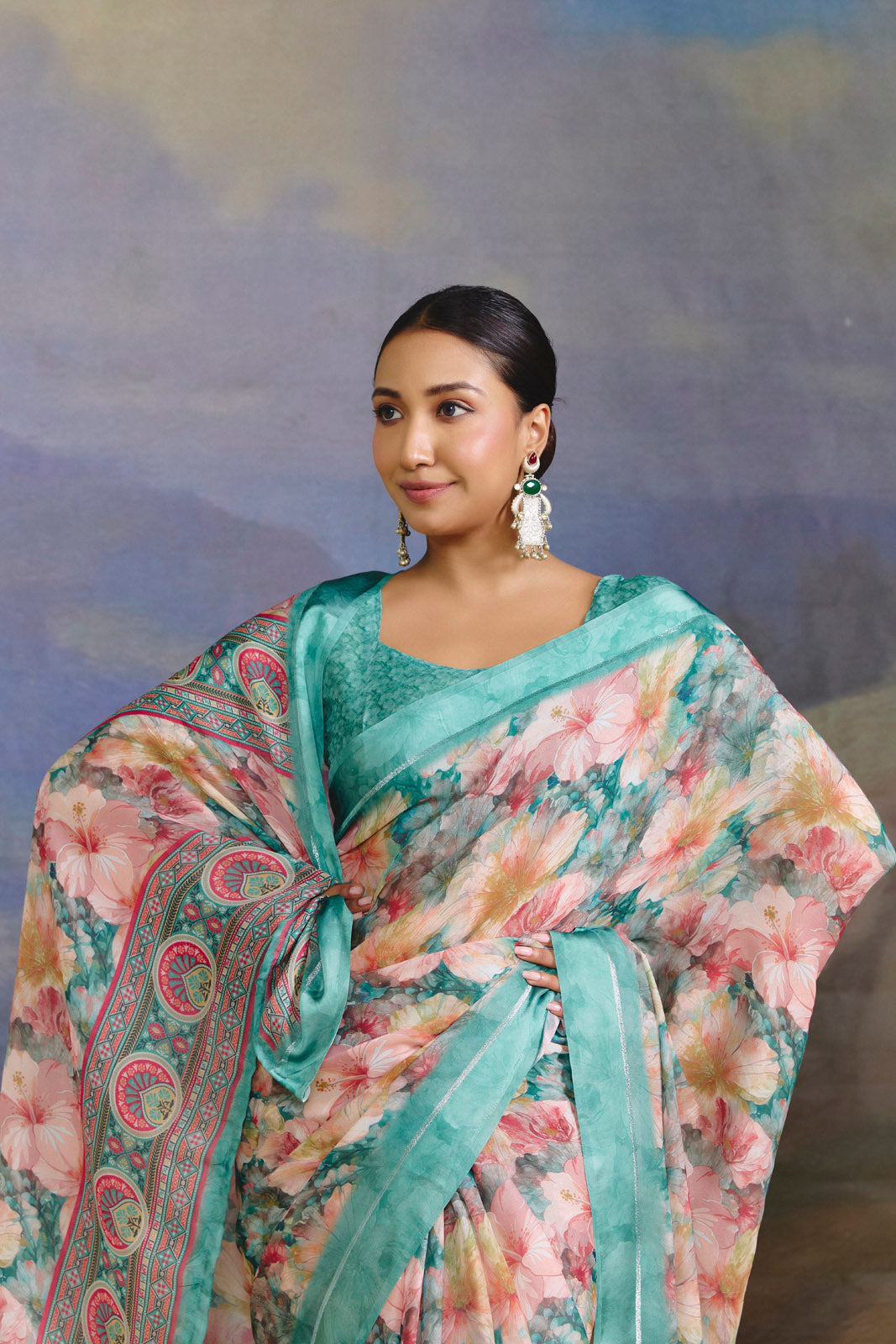 Samriddhi - Turquoise Moss Georgette Digital Print Saree with Satin Patta Border