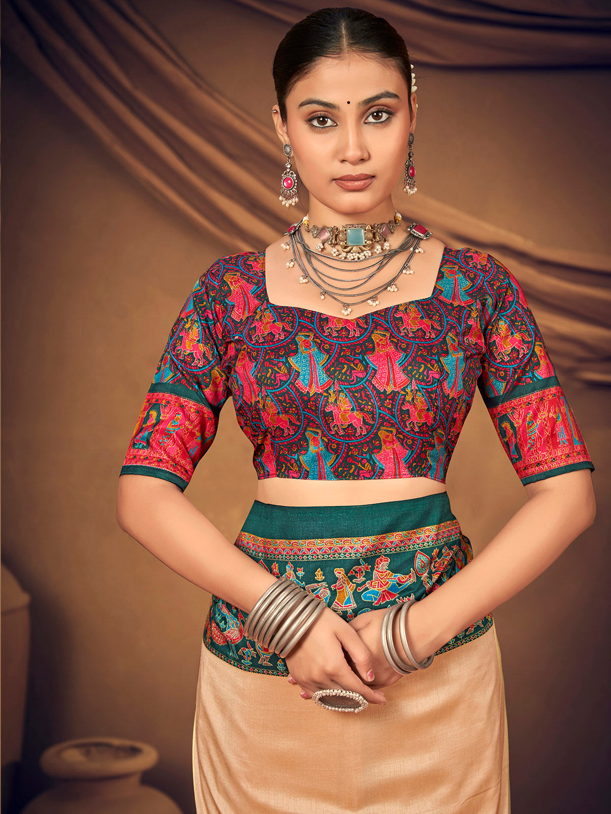 Kumuda - Peach Mysore Silk Jari Printed with Tessals