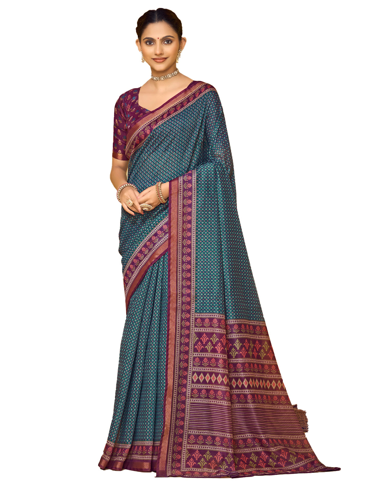 Amrapali - Blue Chanderi Cotton Digital Printed Saree with Zari Border