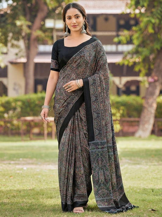 Rajkala - Black Printed Crepe Silk Saree