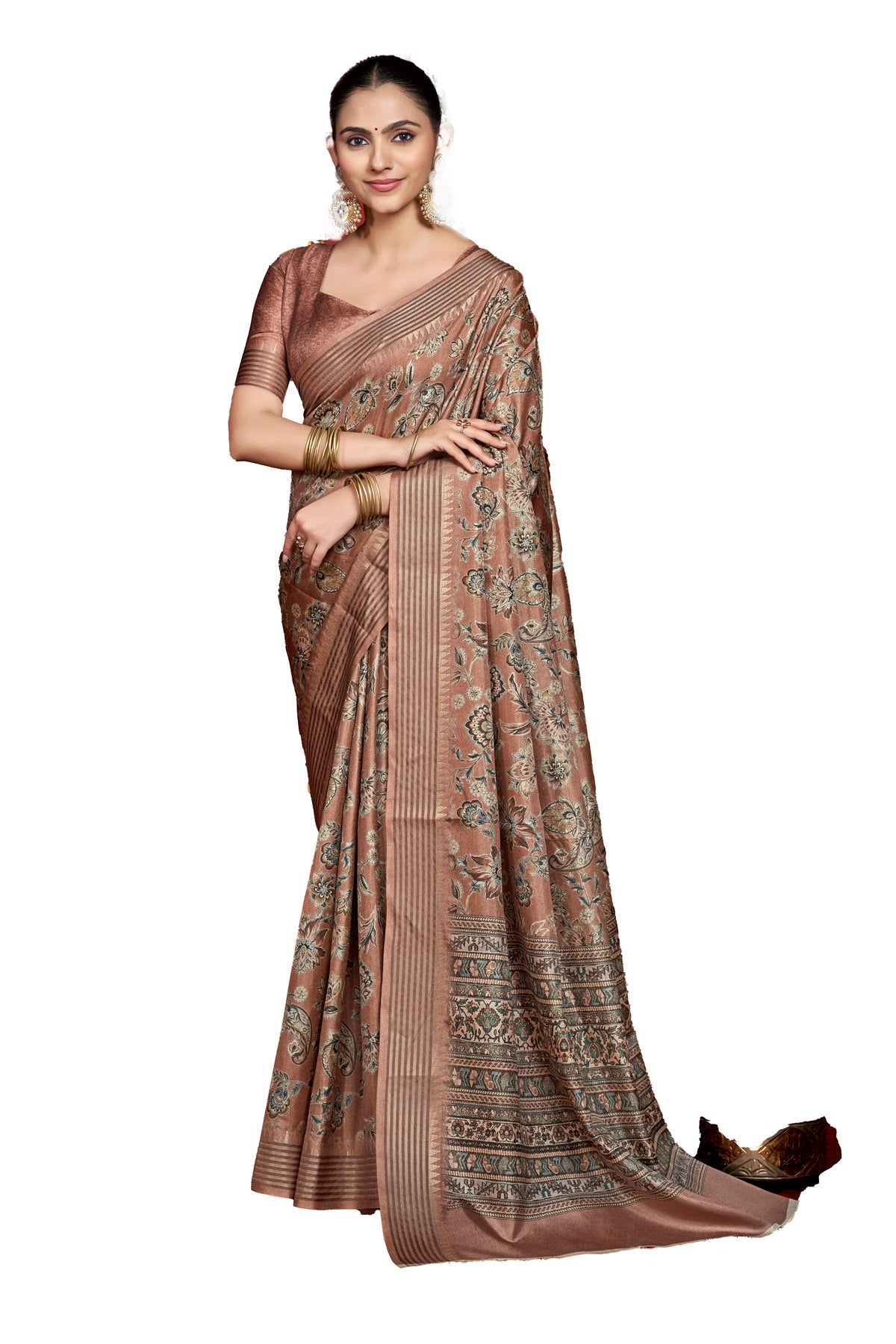 Veera - Rose Brown Soft Silk Digital Printed Saree with Woven Border