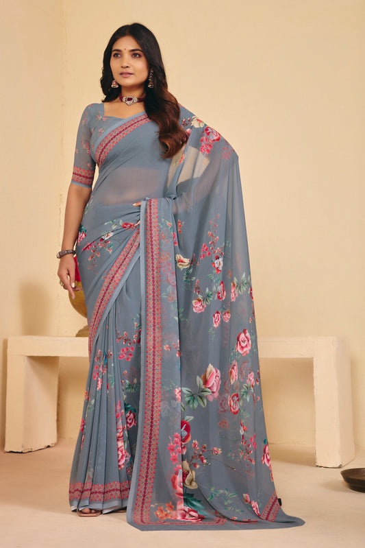 Twisha - Grey Georgette Digital Printed Saree