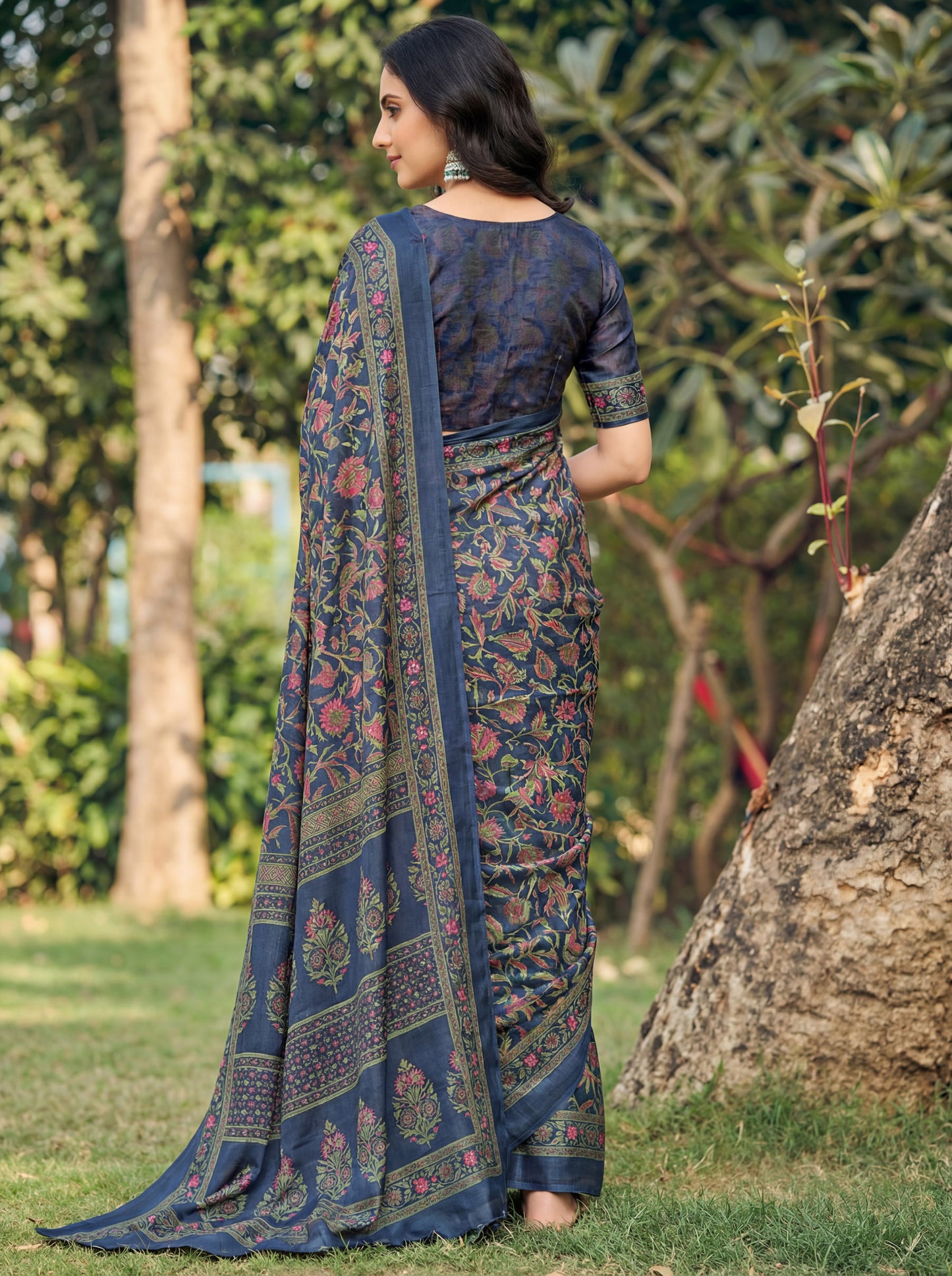 Rajkala - Navy Blue Printed Crepe Silk Saree