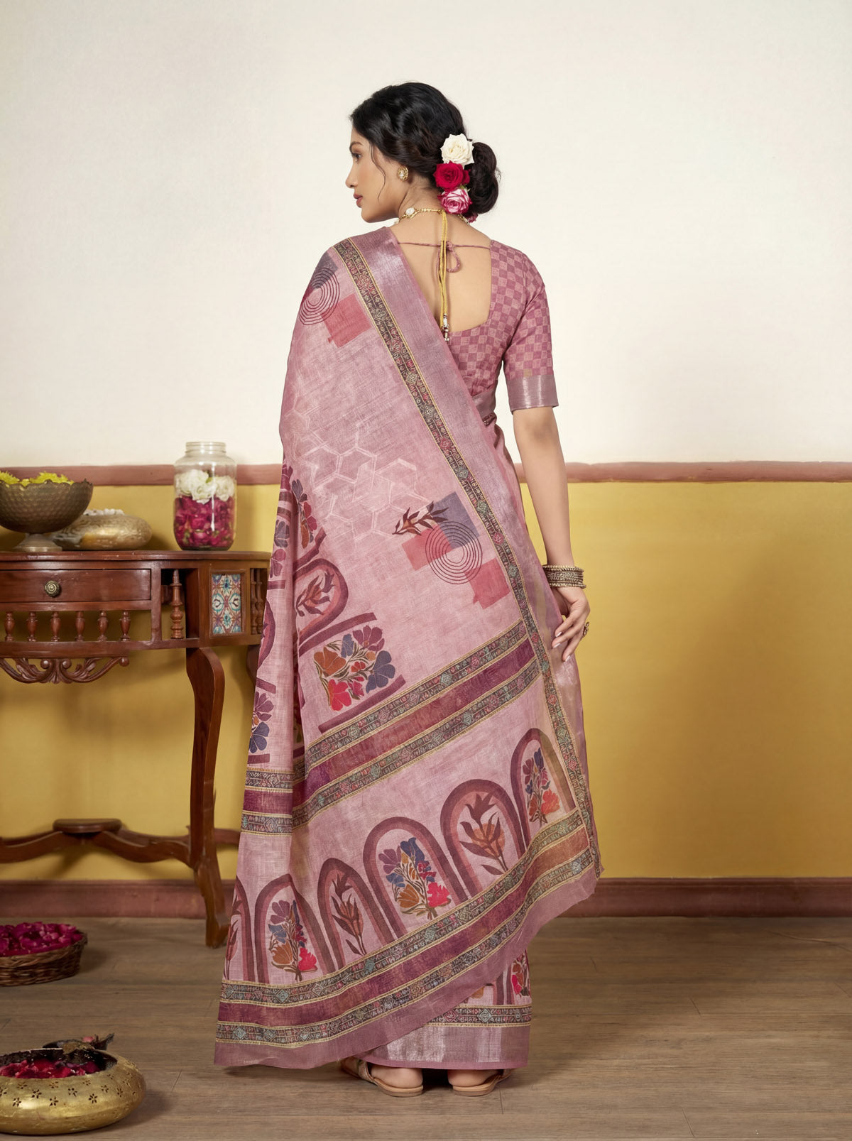 Rachna - Pink Linen Digital Print Saree with Woven Border