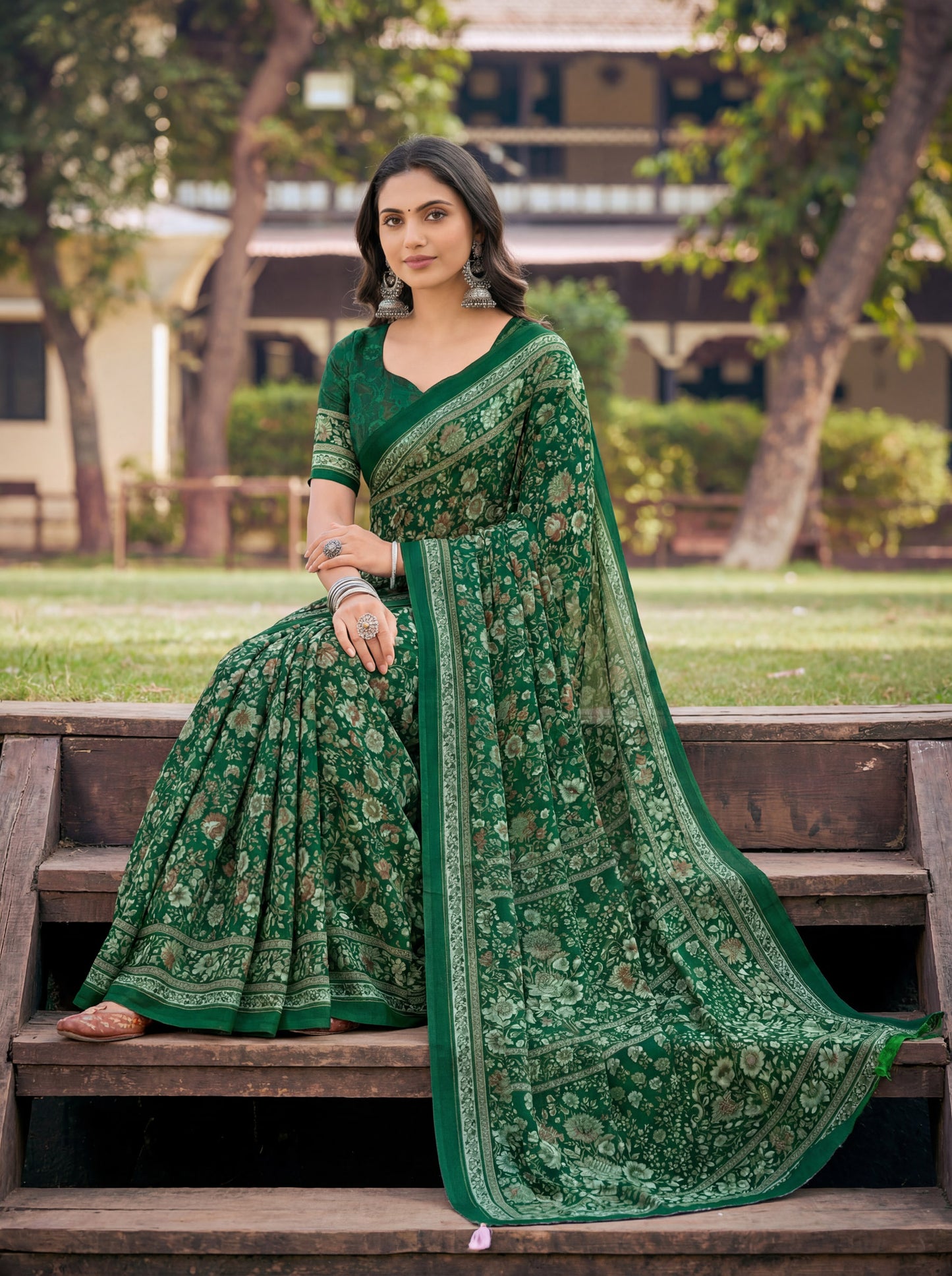 Rajkala - Green Printed Crepe Silk Saree