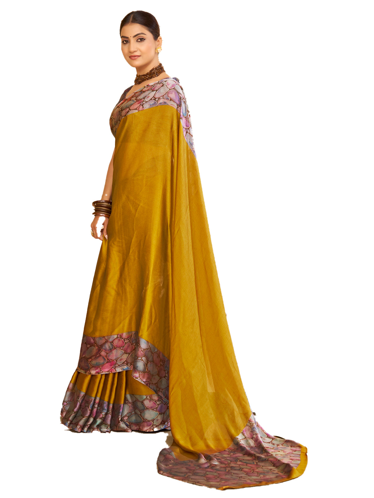 Ekvarna - Yellow Printed Chiffon Saree
