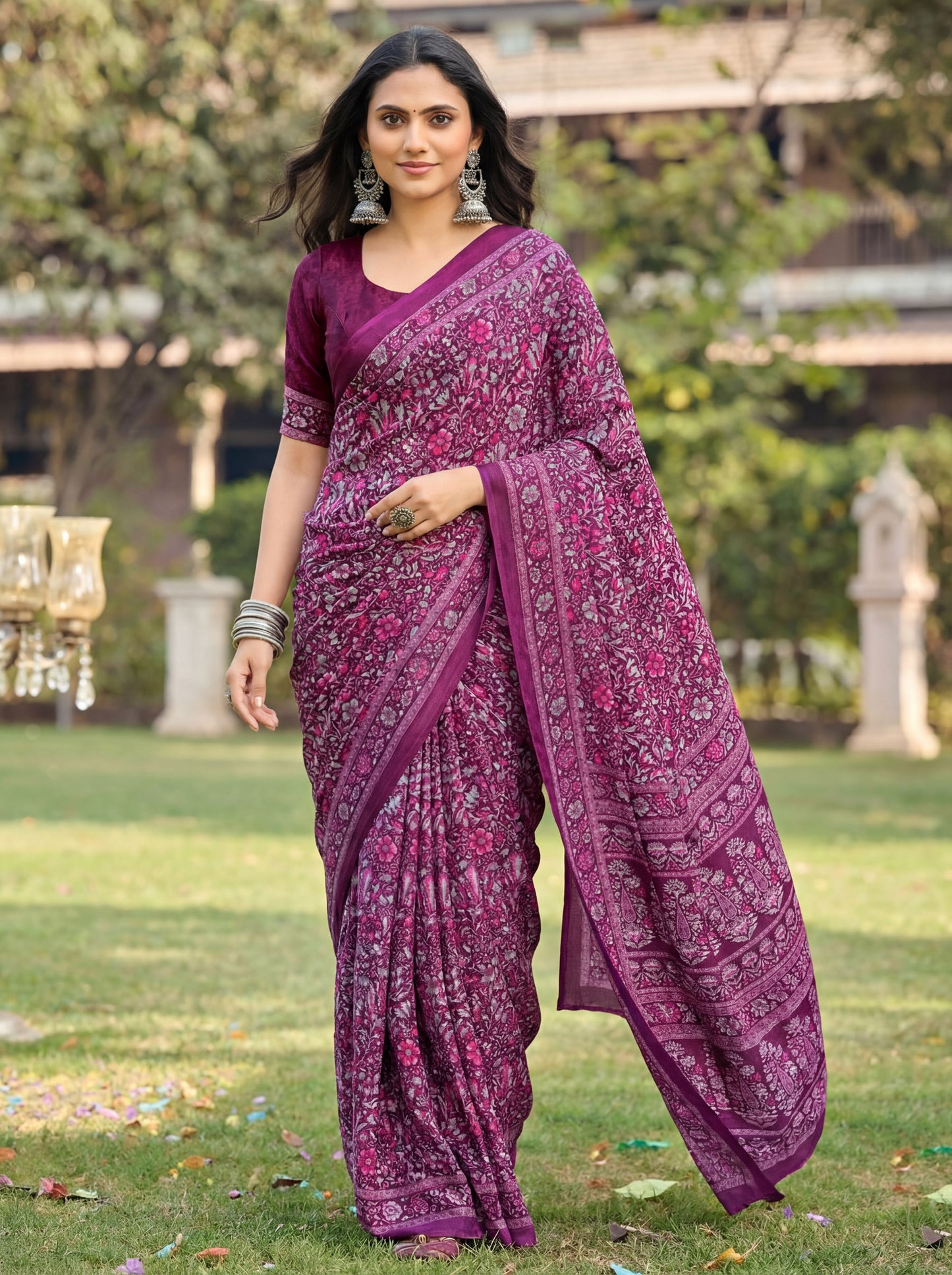 Rajkala - Purple Printed Crepe Silk Saree