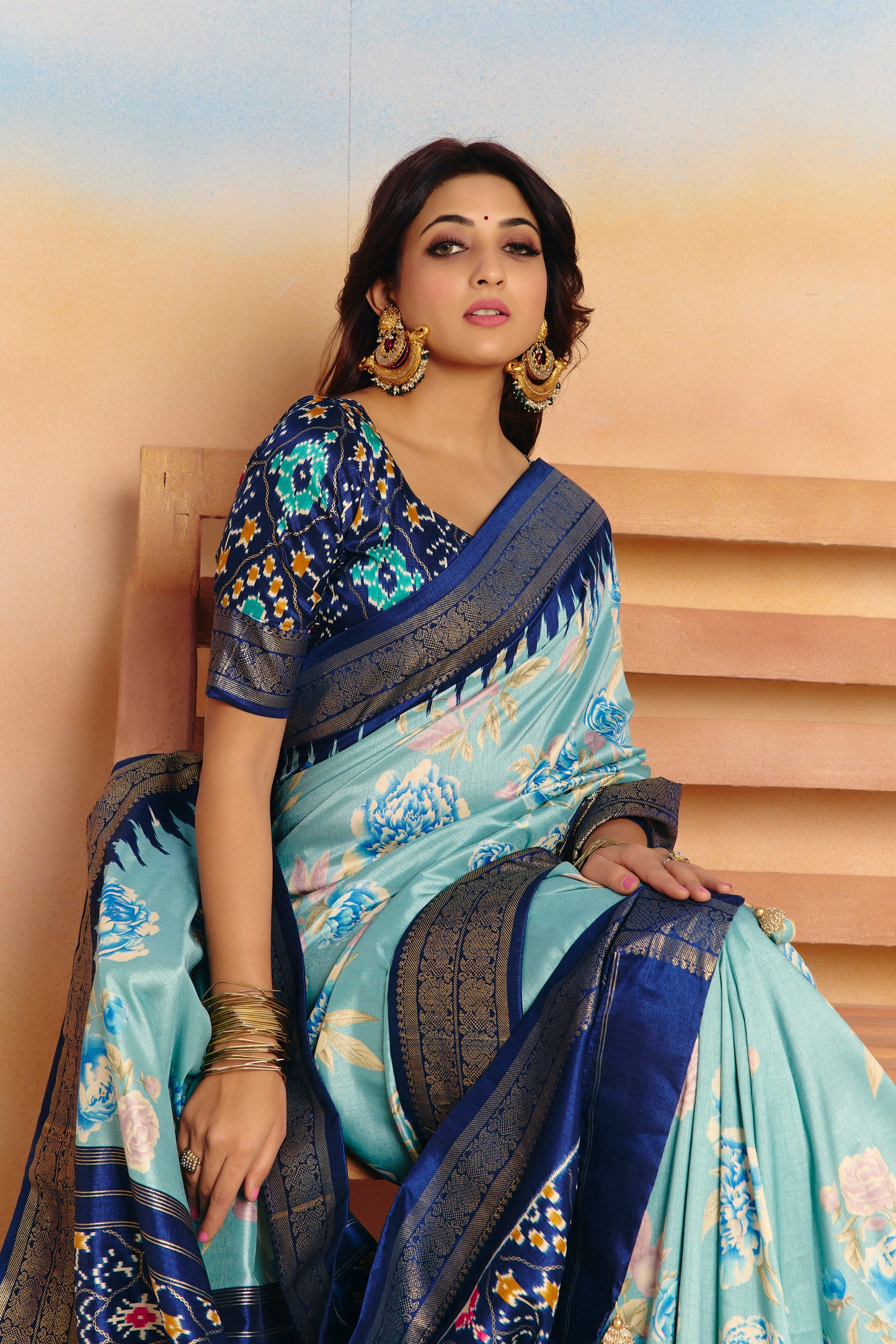Rangrekha - Teal Floral Printed Soft Silk Saree