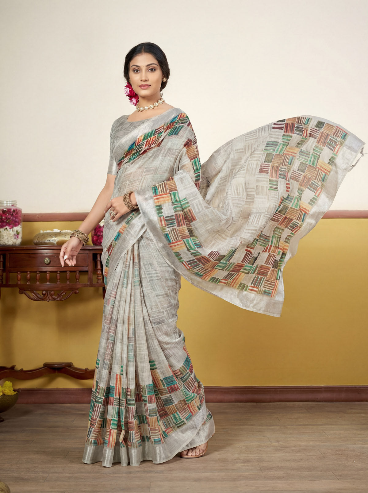 Rachna - Grey Linen Digital Print Saree with Woven Border