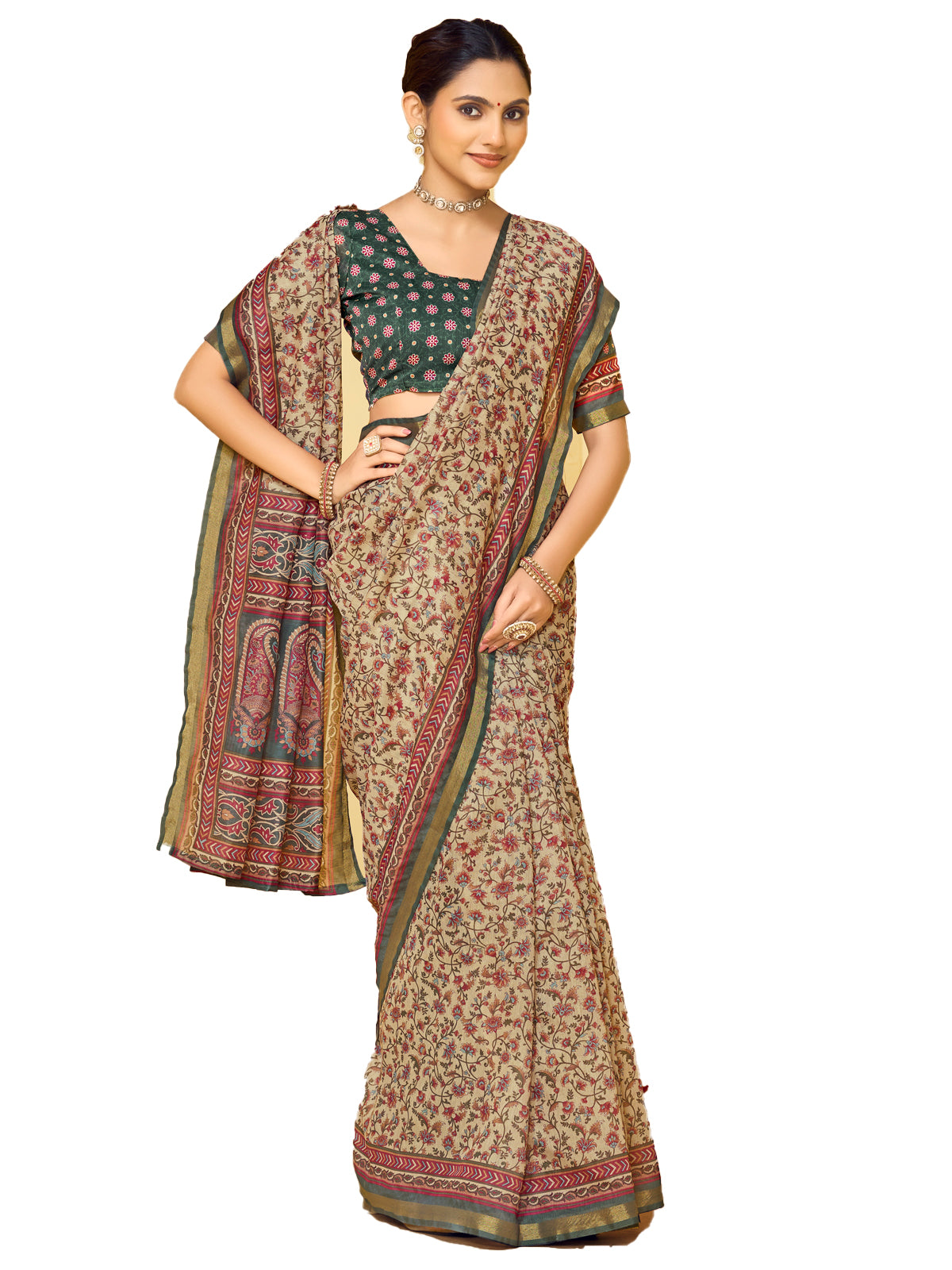 Amrapali - Beige Chanderi Cotton Digital Printed Saree with Zari Border