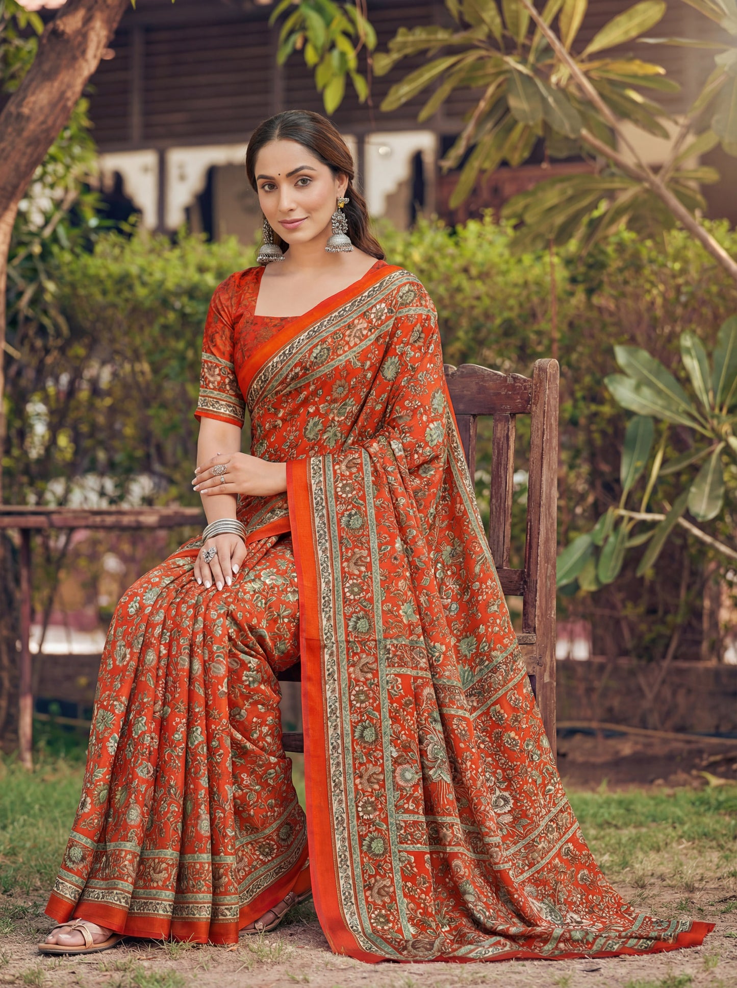 Rajkala - Brick Red Printed Crepe Silk Saree