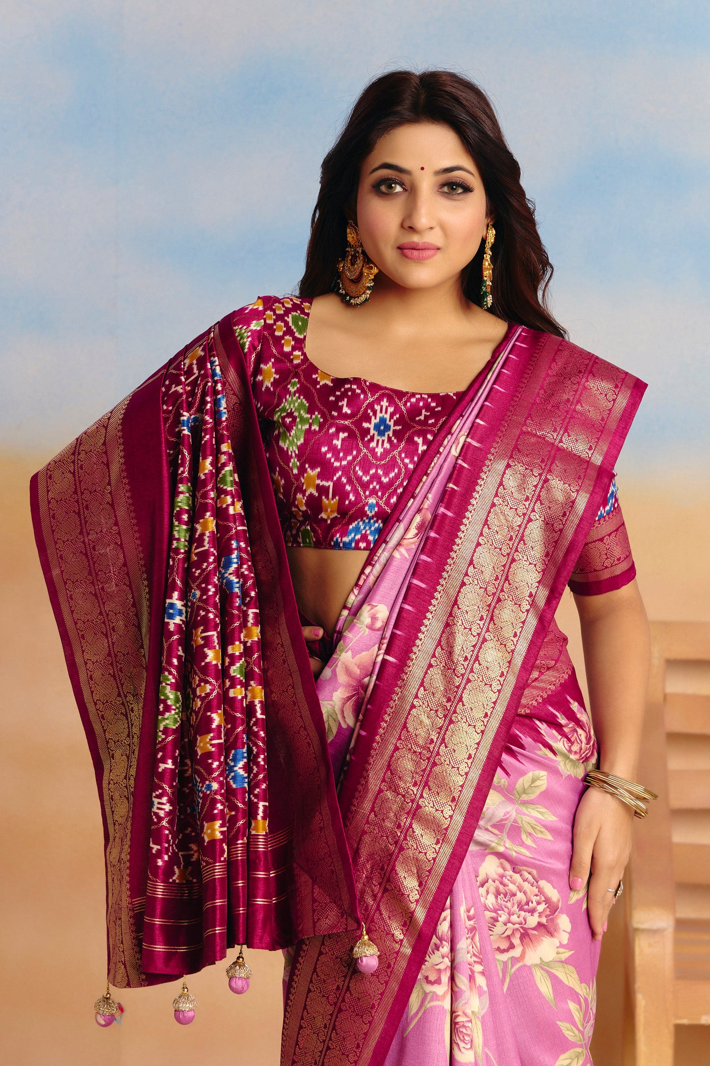 Rangrekha - Purple Floral Printed Soft Silk Saree