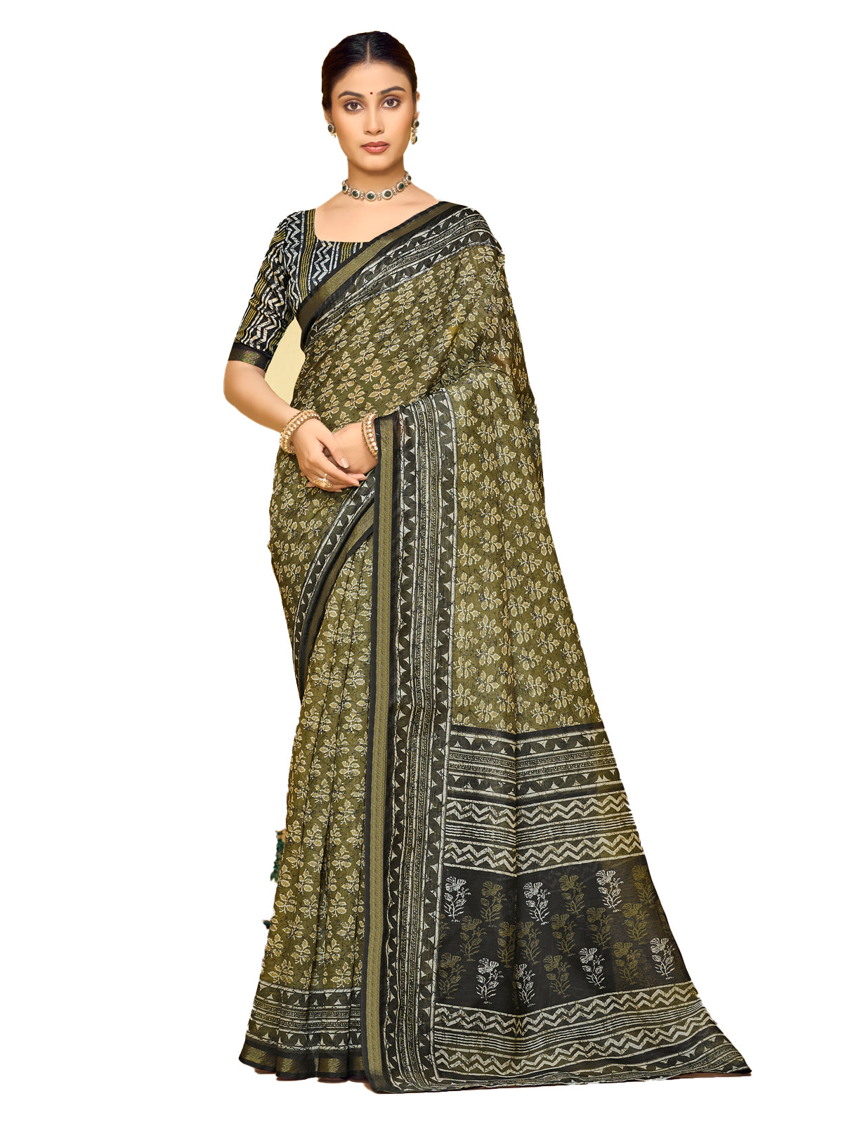 Amrapali - Mehandi Green Chanderi Cotton Digital Printed Saree with Zari Border