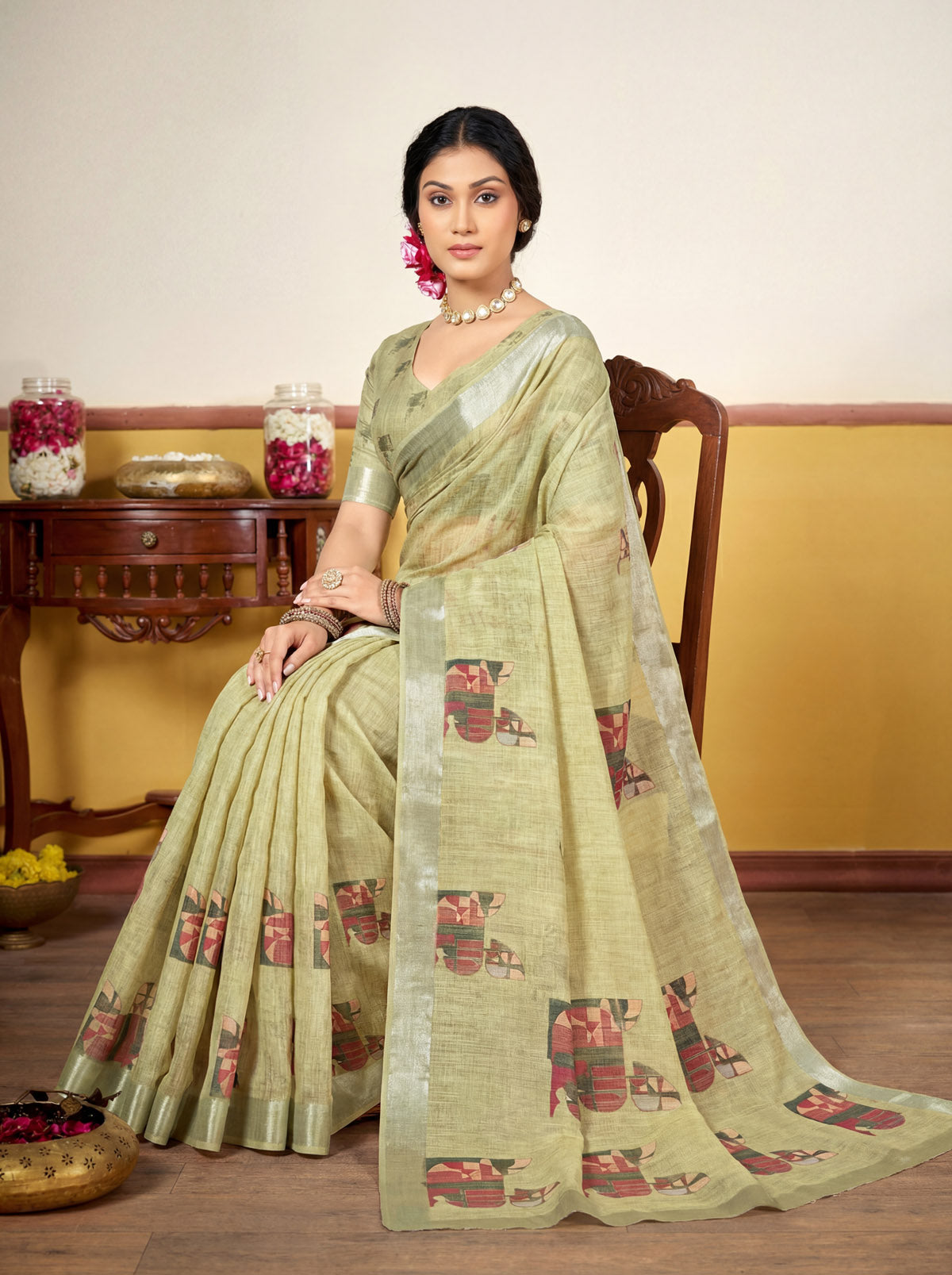 Rachna - Lime Green Linen Digital Print Saree with Woven Border