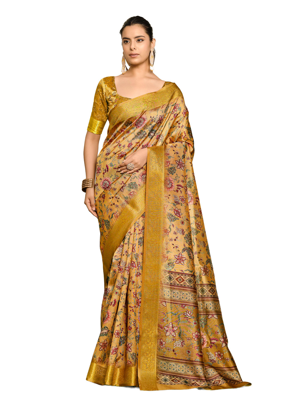 Varnika - Golden Digital Printed Moss Georgette Saree with Woven Border