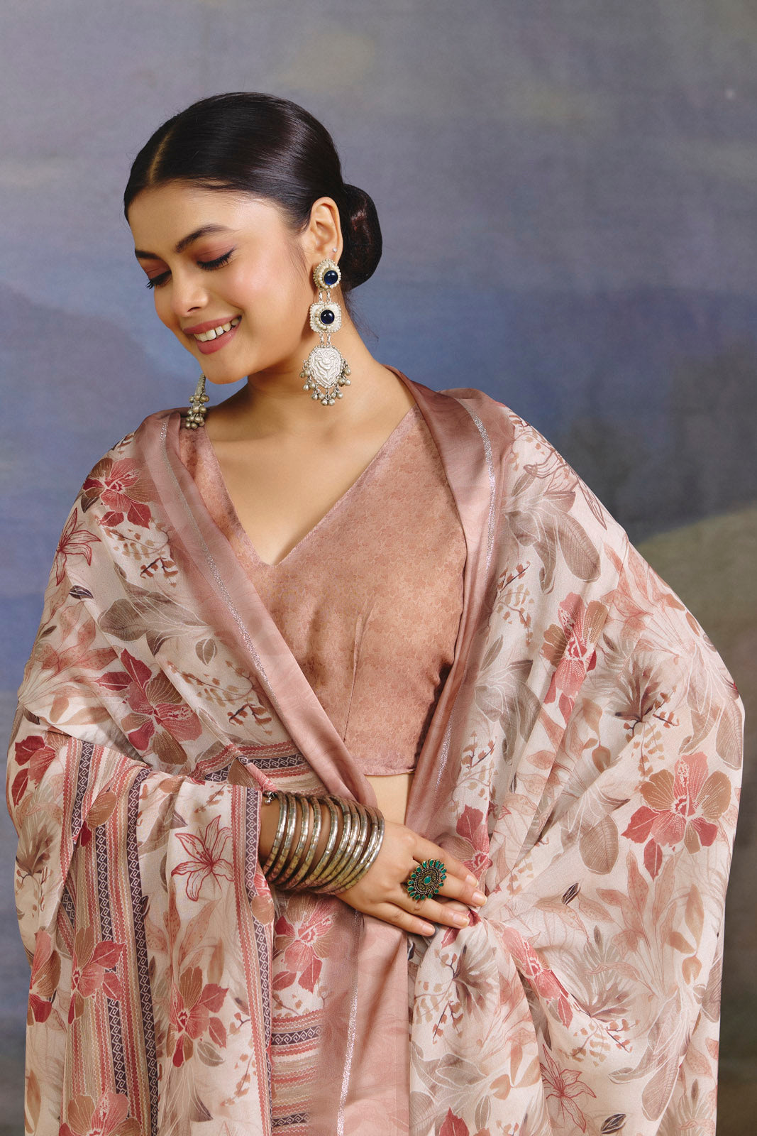Samriddhi - Tan Moss Georgette Digital Print Saree with Satin Patta Border