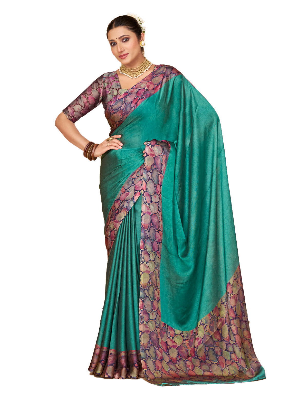 Ekvarna - Turquoise Printed Chiffon Saree