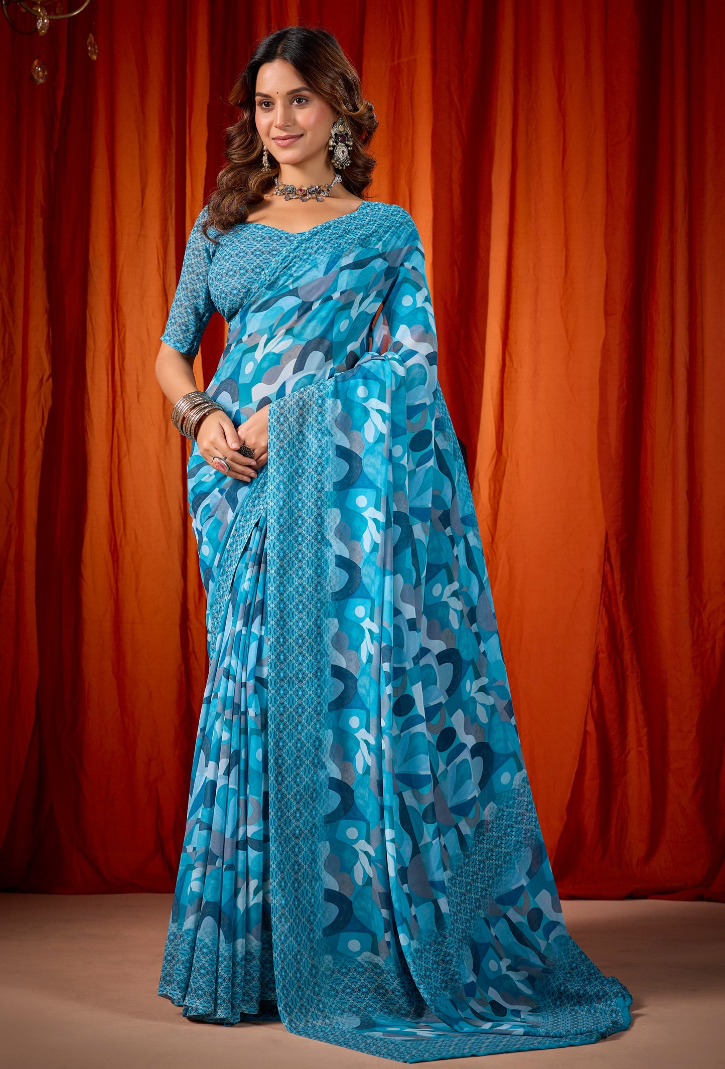 Shraddha - Firozi Georgette Digital Printed Saree
