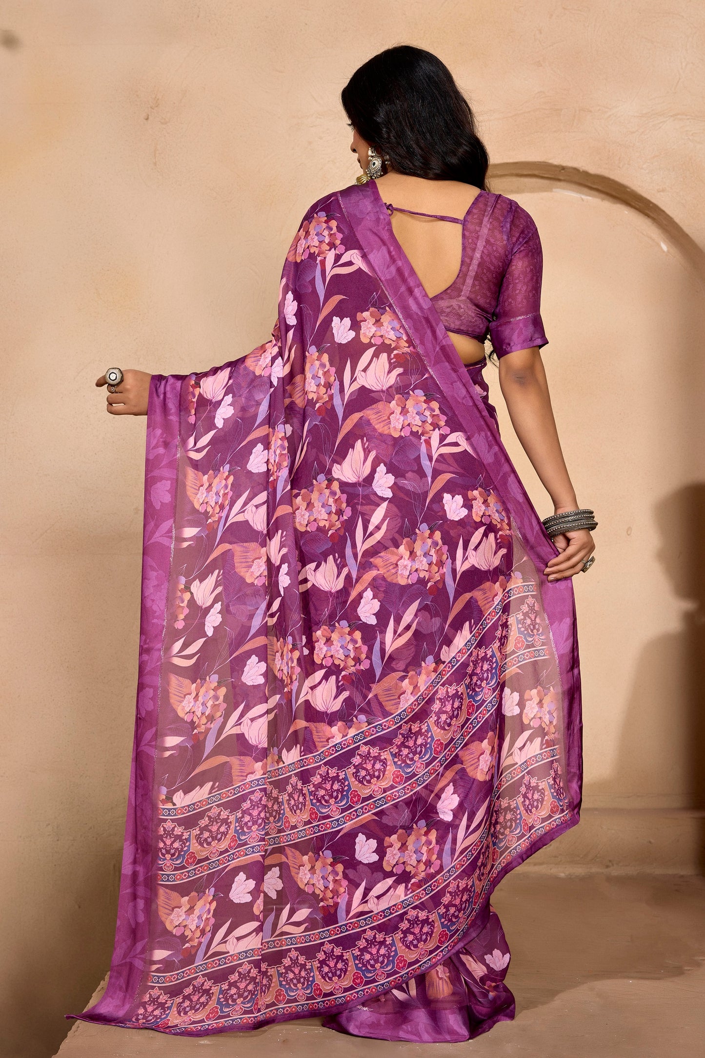 Samriddhi - Purple Georgette Digital Print Saree with Satin Border
